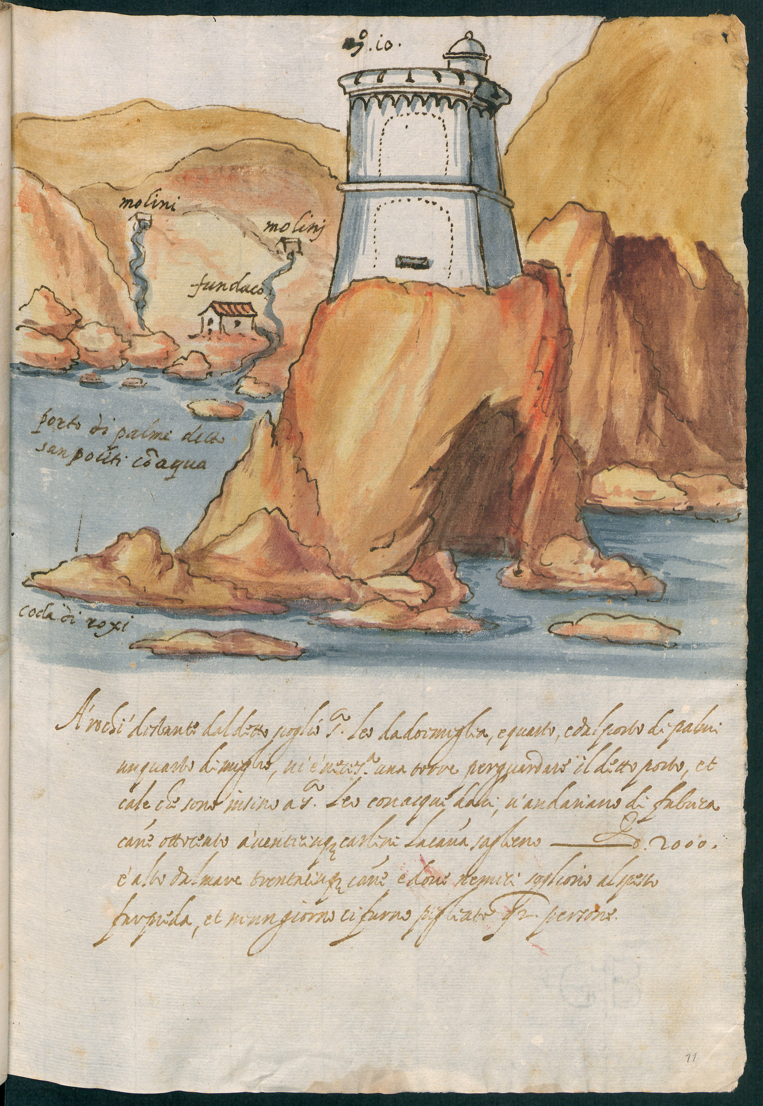 Rochi, Veduta con torre e scogliera (disegno, elemento d'insieme) - ambito italiano (fine XVI)