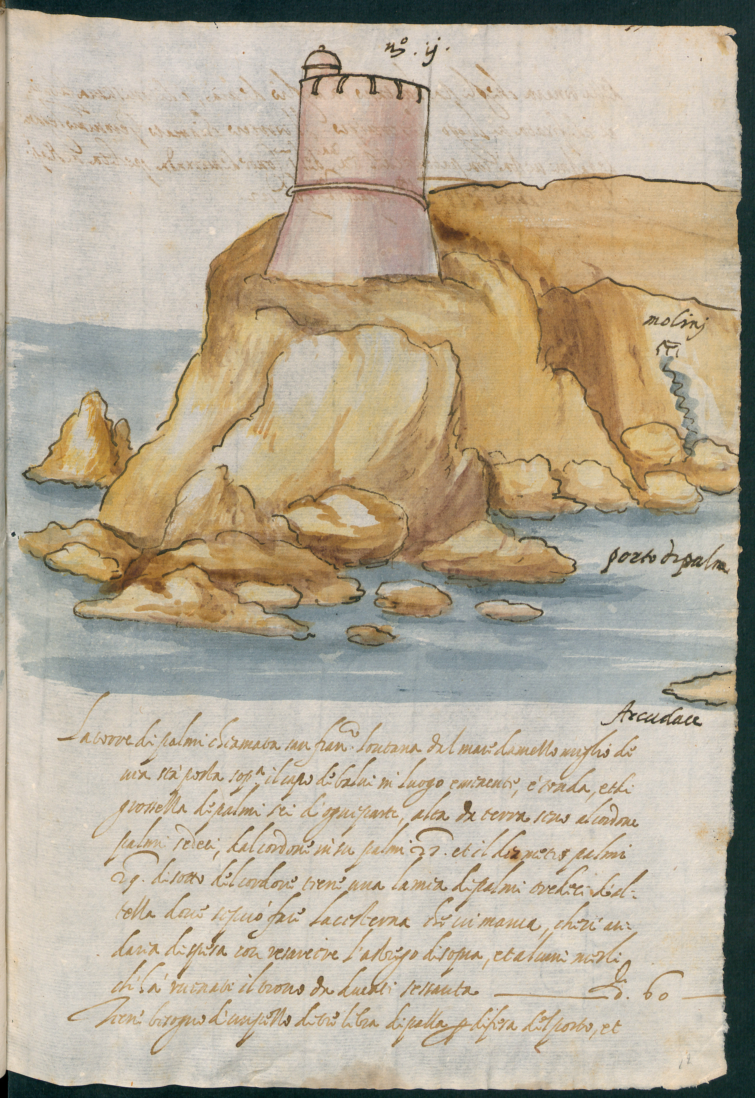 Torre di Palmi (S. Francesco), Veduta con torre e scogliera (disegno, elemento d'insieme) - ambito italiano (fine XVI)