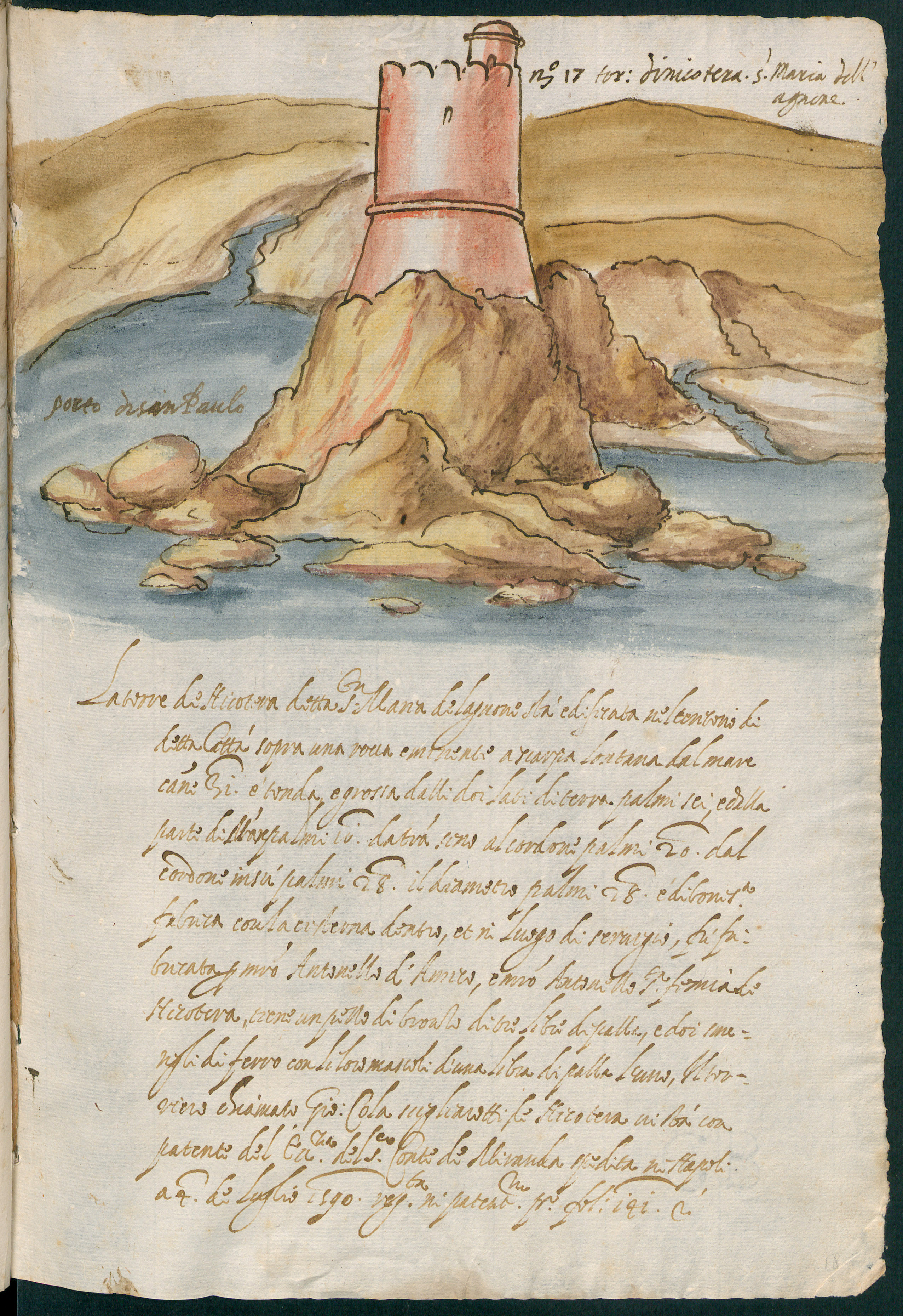 Torre di Nicotera (S. Maria dell'Agnone), Veduta con torre e scogliera (disegno, elemento d'insieme) - ambito italiano (fine XVI)