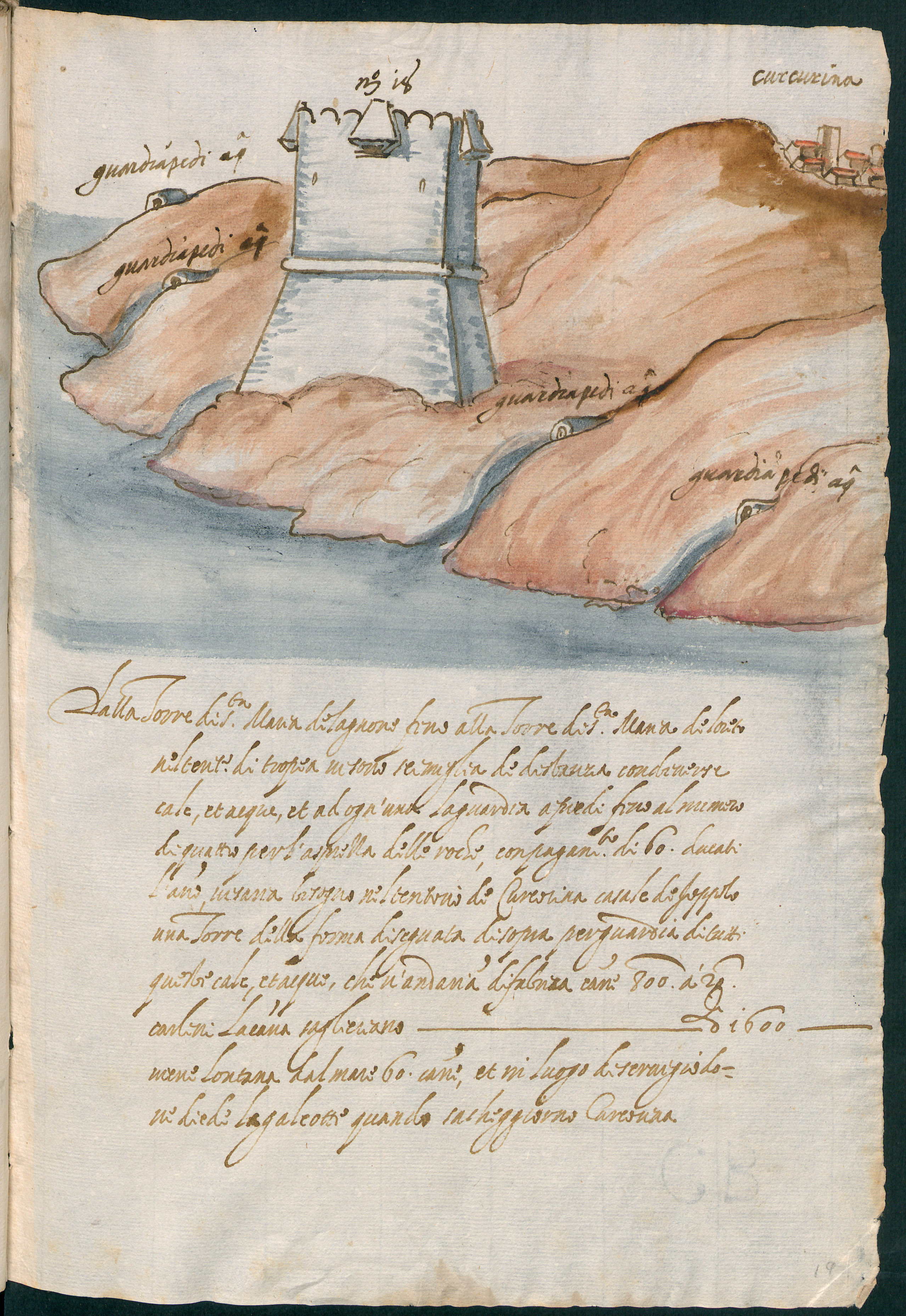 Curcurina, Veduta con torre (disegno, elemento d'insieme) - ambito italiano (fine XVI)