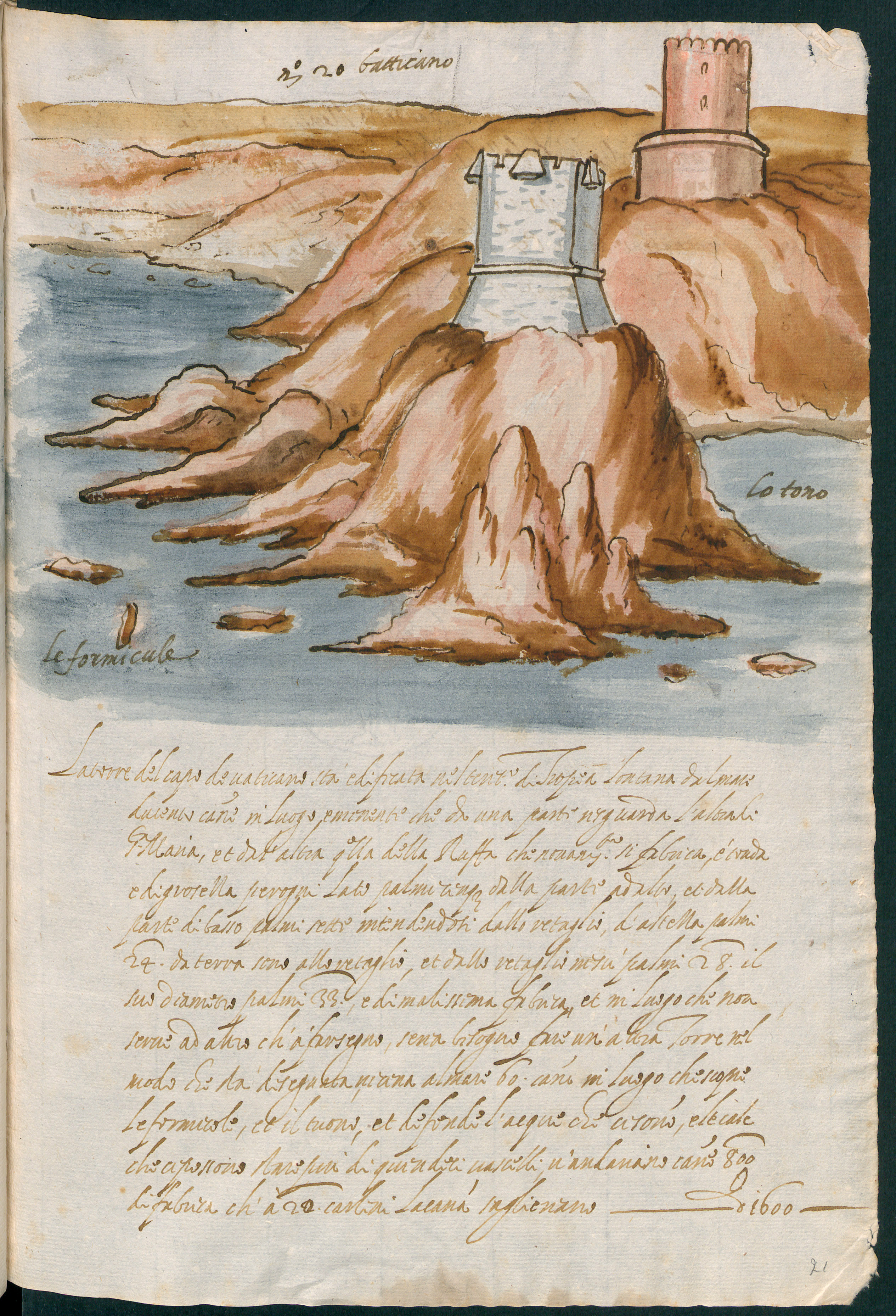 Gatticano (Capo Vaticano), Veduta con torri (disegno, elemento d'insieme) - ambito italiano (fine XVI)