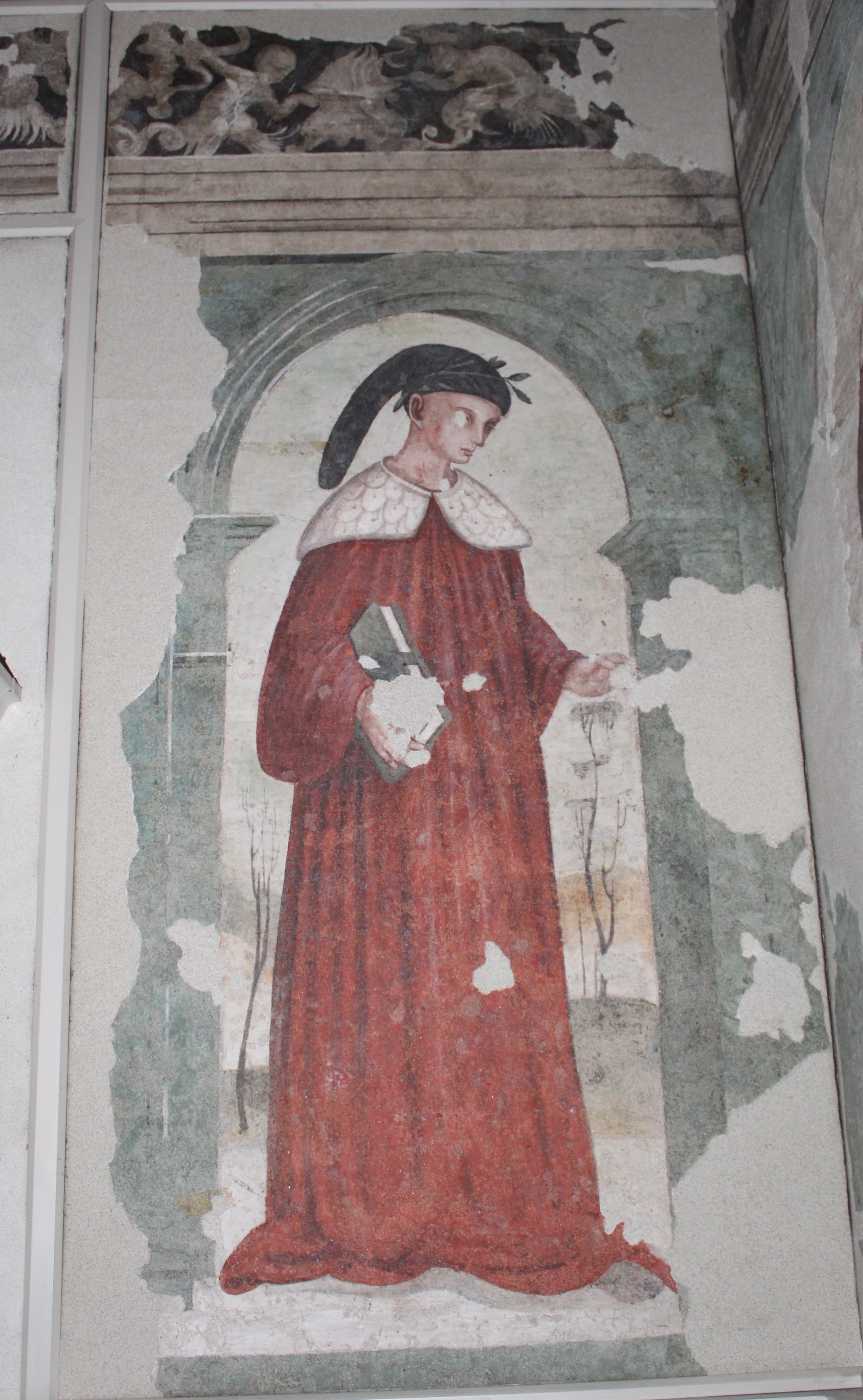 Figura di poeta o letterato (Dante Alighieri?) (dipinto murale, elemento d'insieme) - ambito romagnolo (primo quarto XVI)