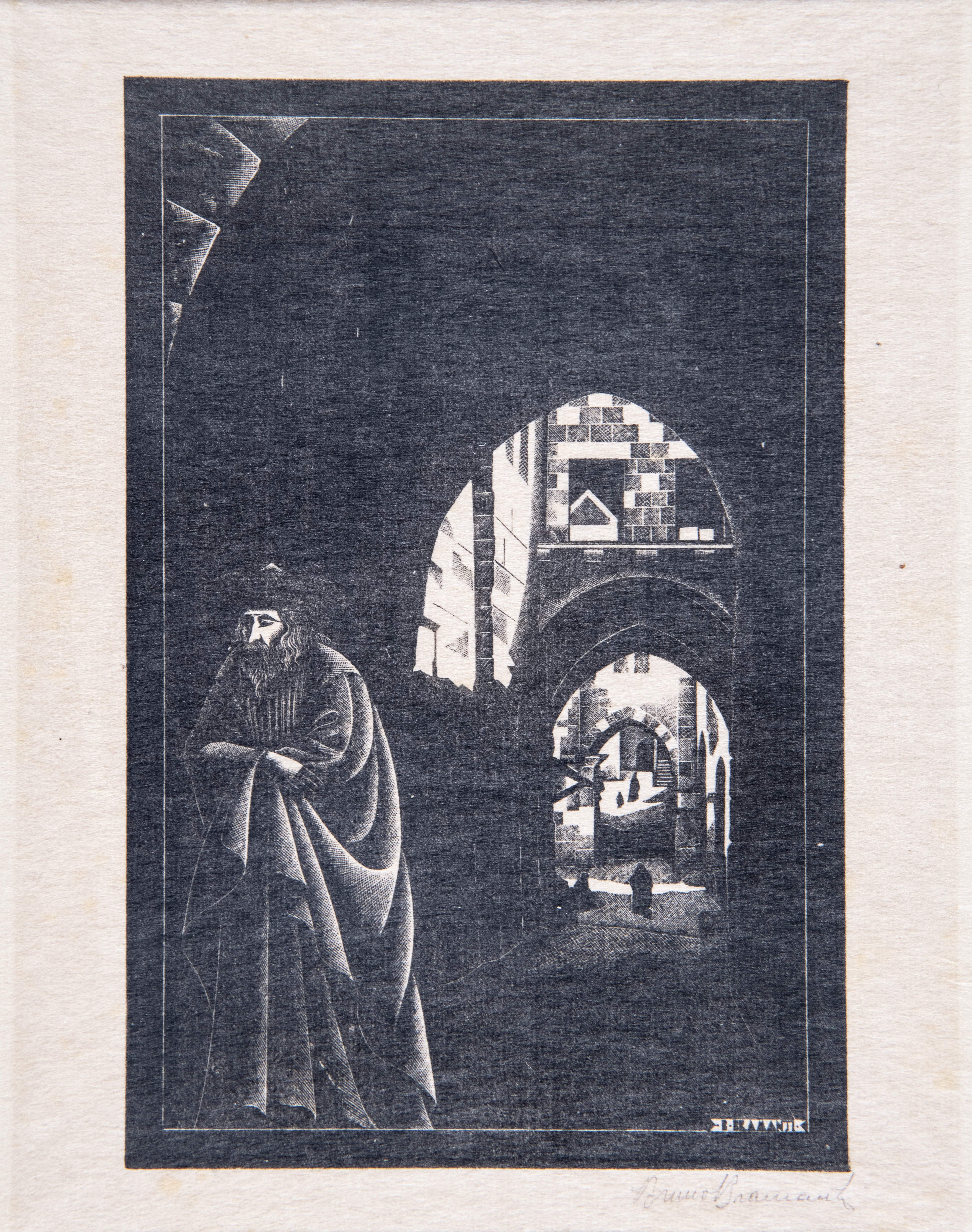 Vicolo con figura in primo piano, veduta di città (stampa) di Bramanti, Bruno (anni trenta XX)