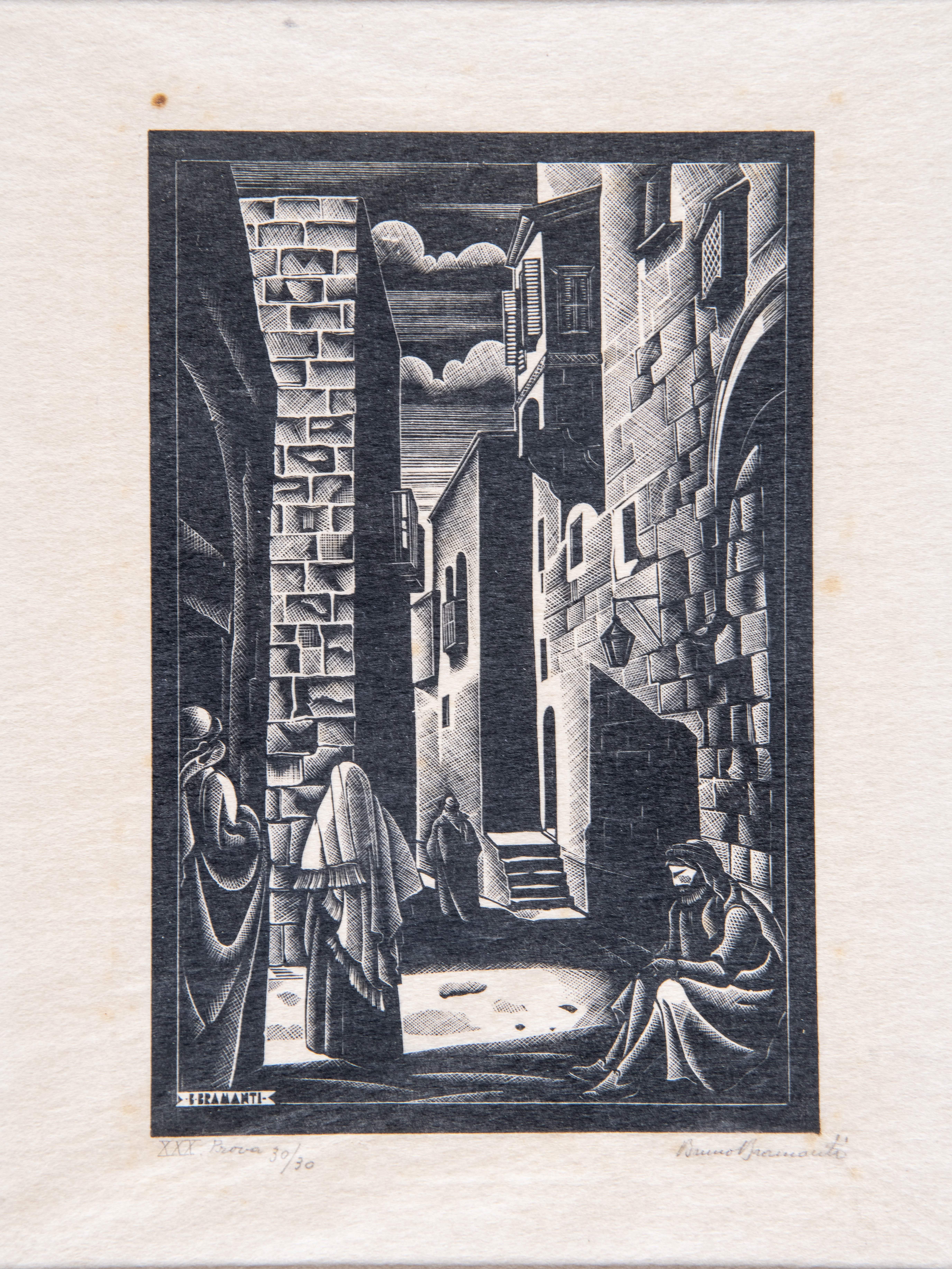 Strada con quattro figure, veduta di città (stampa) di Bramanti, Bruno (anni trenta XX)