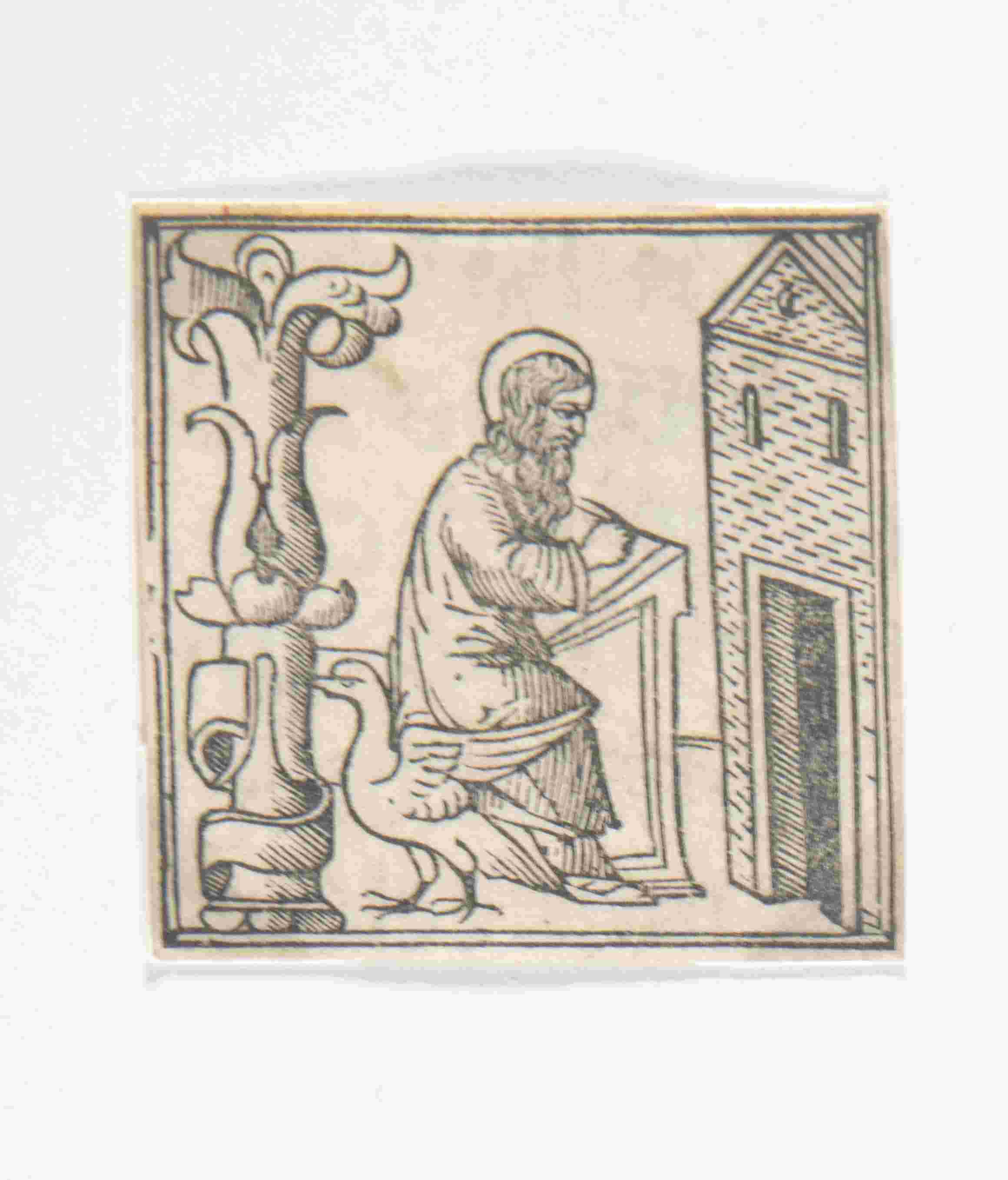 Lettera I con San Giovanni Evangelista, Capolettere I San Giovanni Evangelista (stampa, elemento d'insieme) - ambito veneto (metà/ inizio XV/XVI)