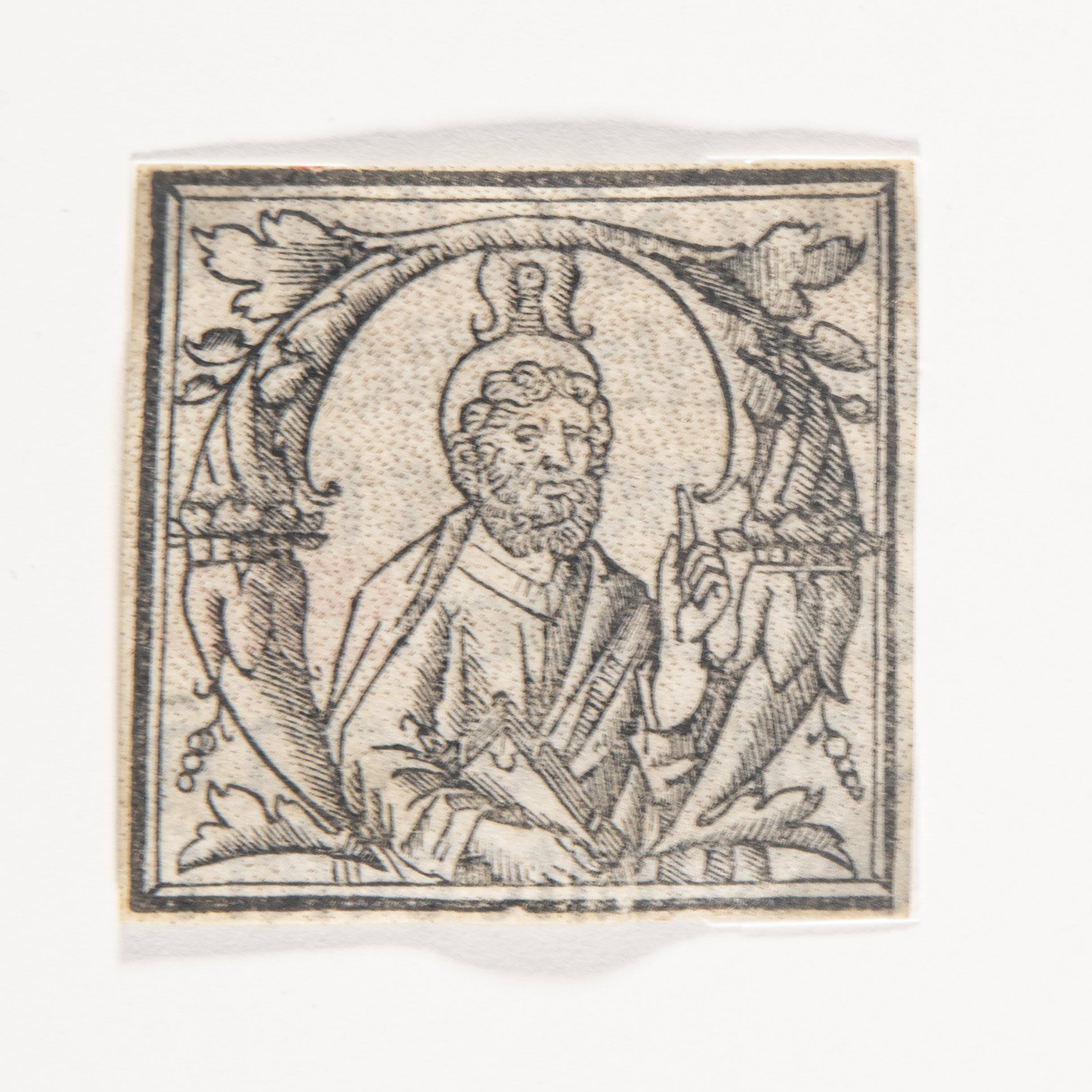 Lettera M con San Matteo, Capolettera M, San Matteo (stampa, elemento d'insieme) - ambito veneto (metà/ inizio XV/XVI)