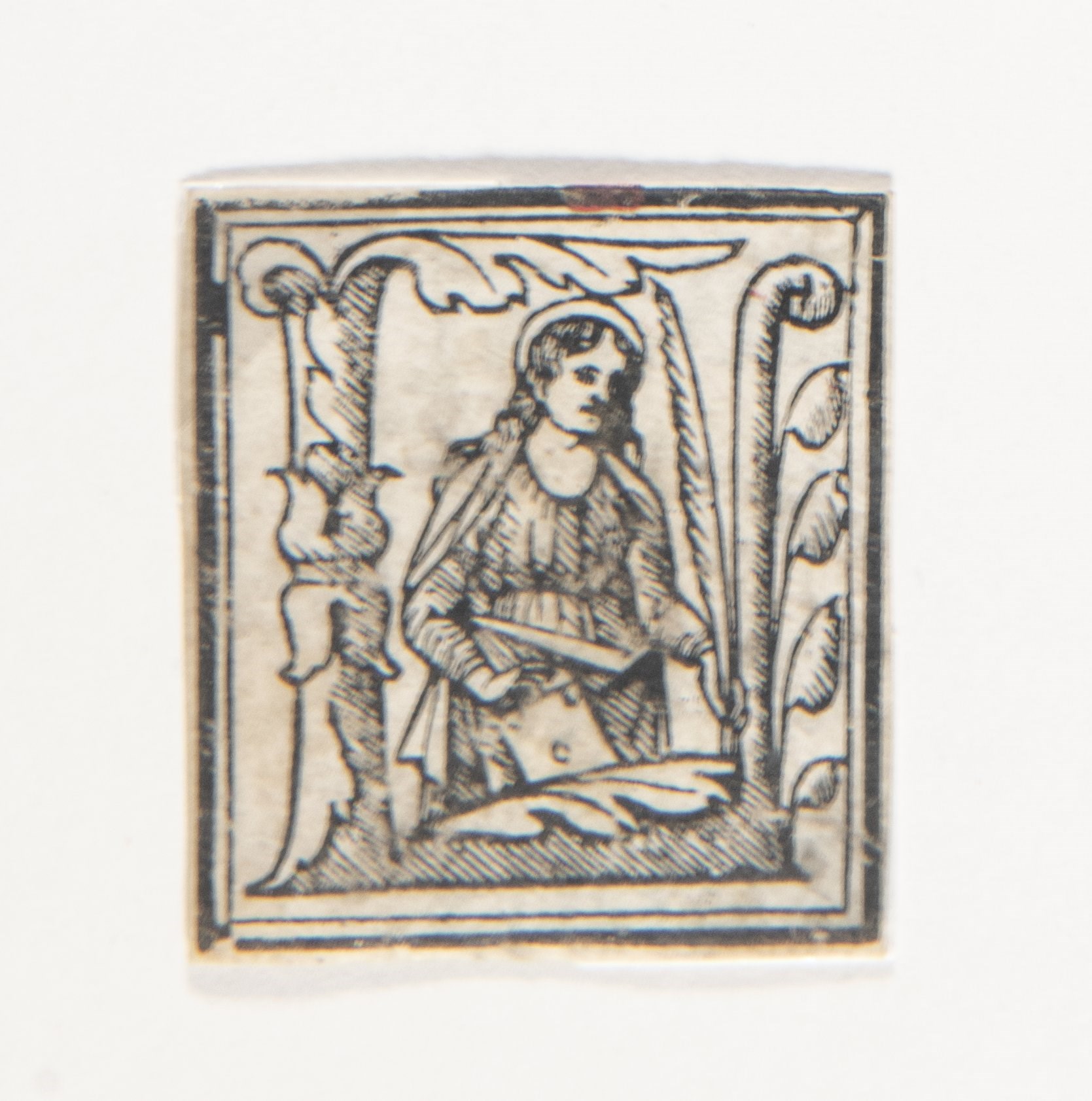 Lettera L con una Santa Martire, Capolettera L, Santa Martire (stampa, elemento d'insieme) - ambito veneto (metà/ inizio XV/XVI)