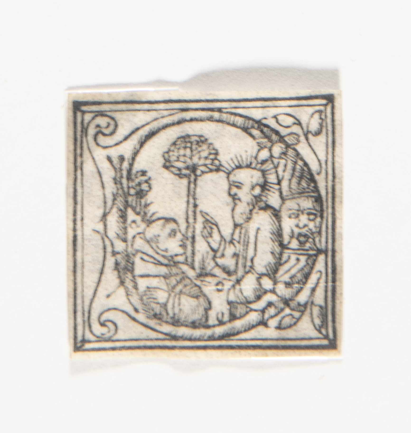 Lettera D con un Santo eremita e un frate, Capolettera D, Santo eremita e frate (stampa, elemento d'insieme) - ambito veneto (metà/ inizio XV/XVI)