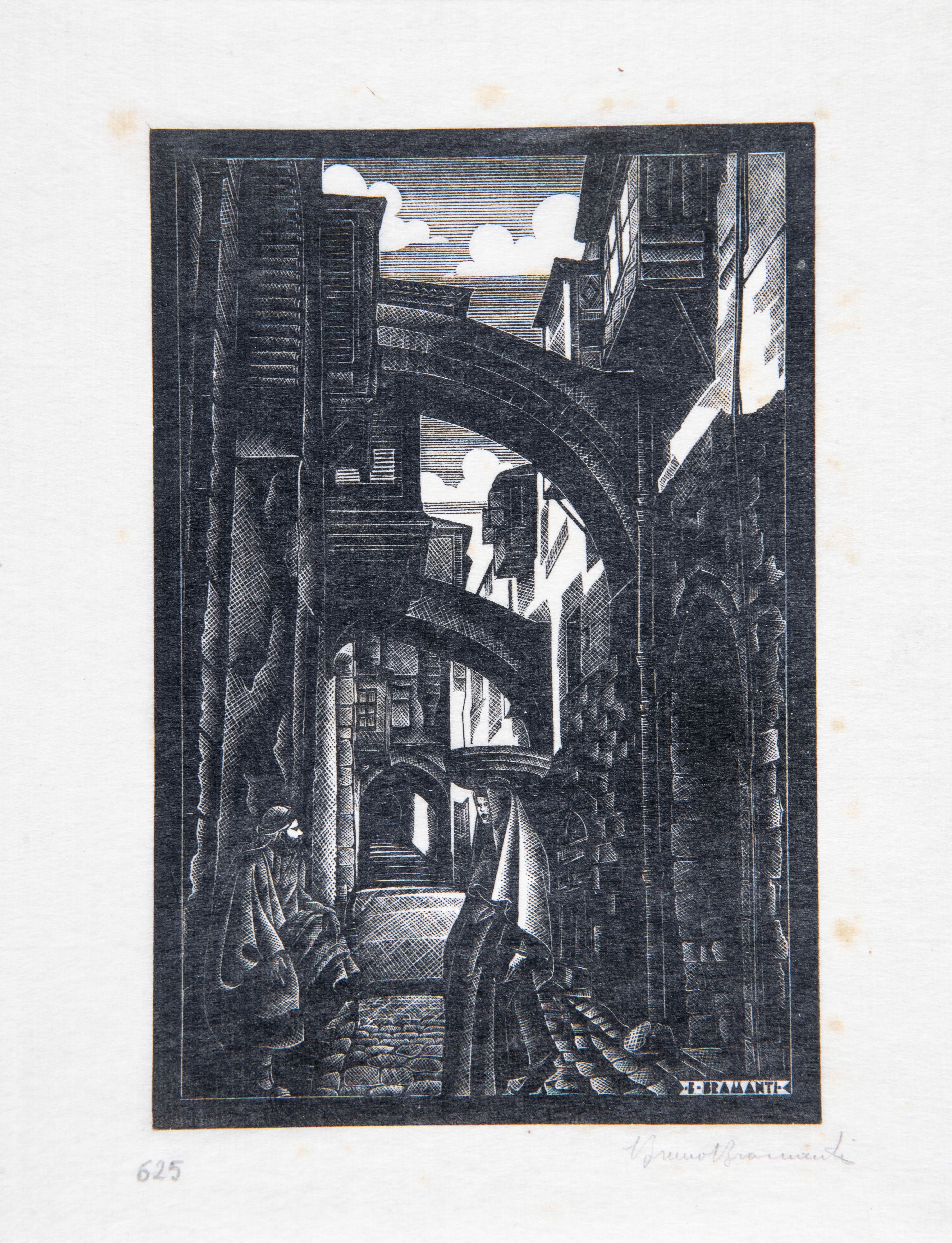 Vicolo con due figure, veduta di città (stampa) di Bramanti, Bruno (anni trenta XX)