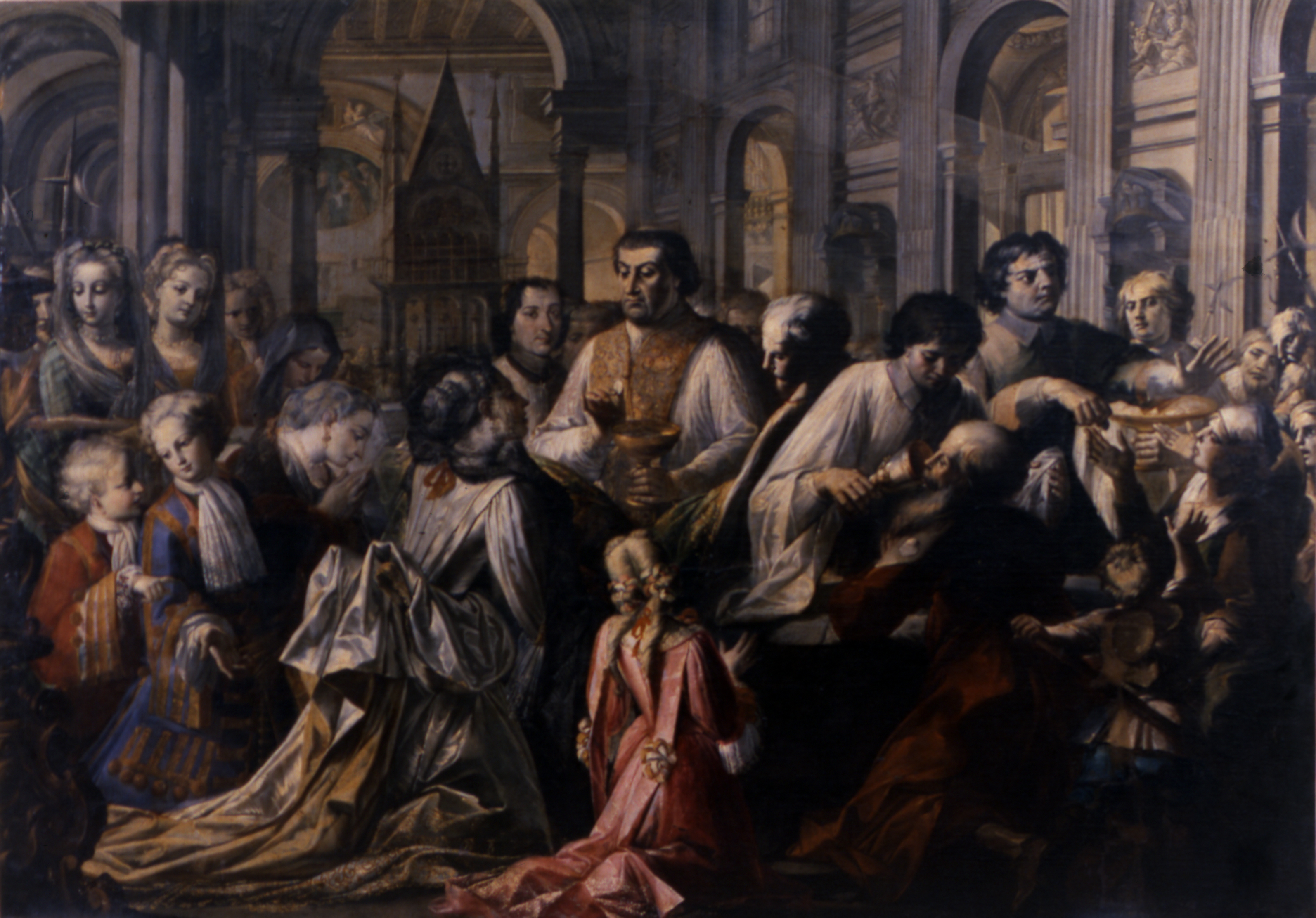 Papa Clemente XI distribuisce la comunione in Laterano (dipinto, ciclo) di Ghezzi Pier Leone, Biagio Puccini (primo quarto XVIII)