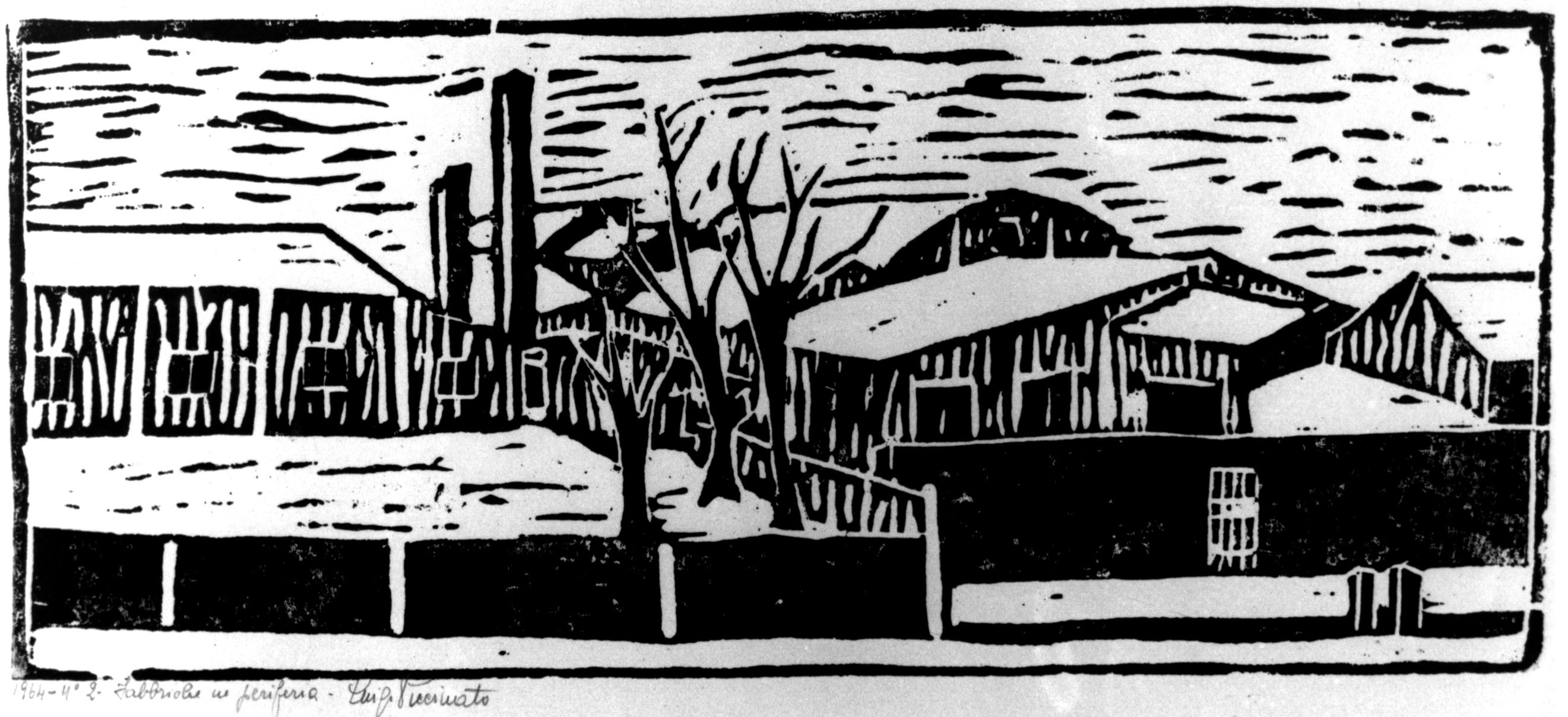 Fabbriche di periferia, paesaggio con case e alberi spogli (stampa a colori) di Piccinato Luigi (sec. XX)