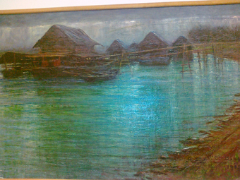 Molini, paesaggio fluviale (dipinto, opera isolata) di Dall'Oca Bianca Angelo (sec. XX)