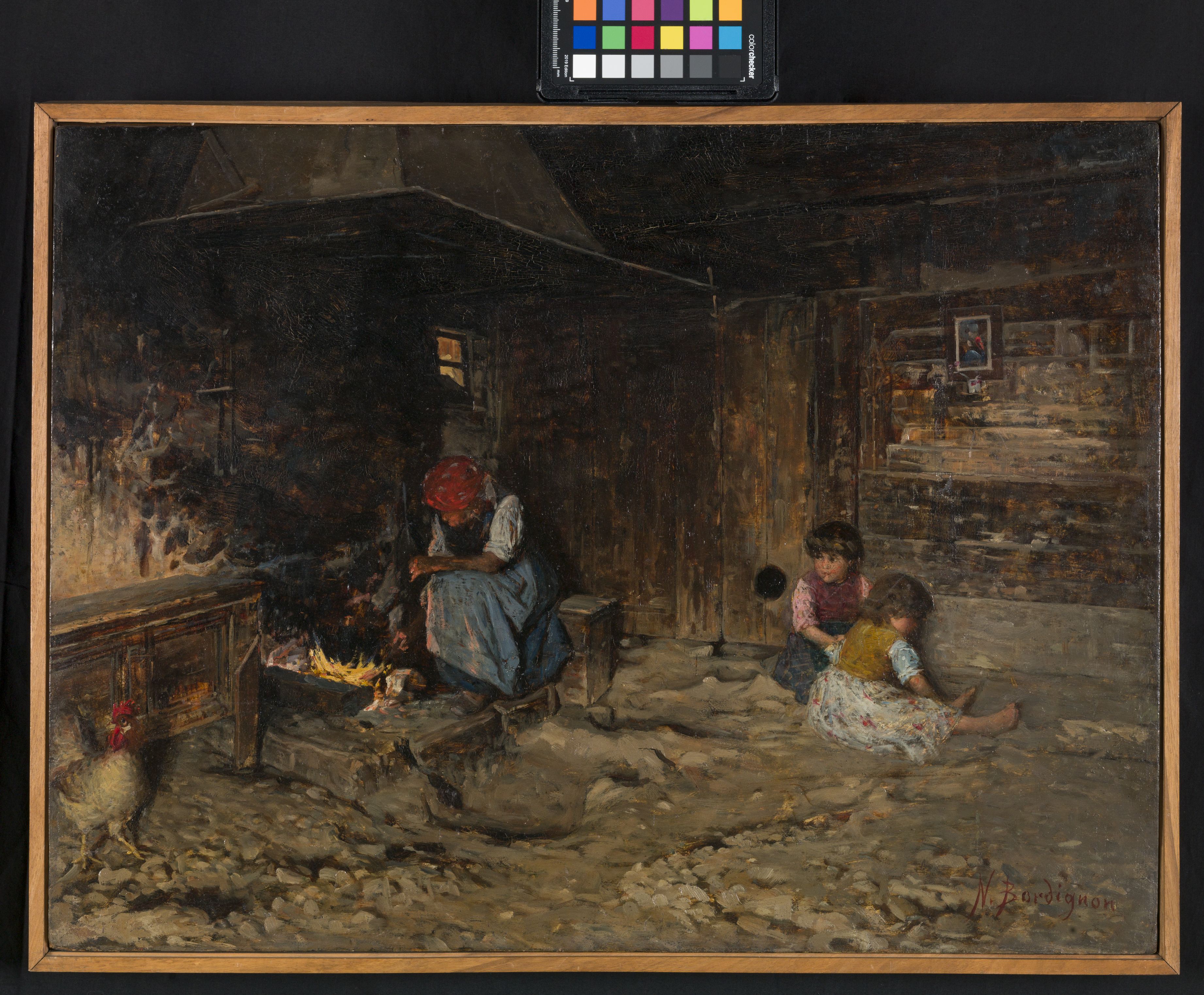 Cucina povera, cucina con tre figure e focolare (dipinto, opera isolata) di Bordignon Noè (sec. XIX)