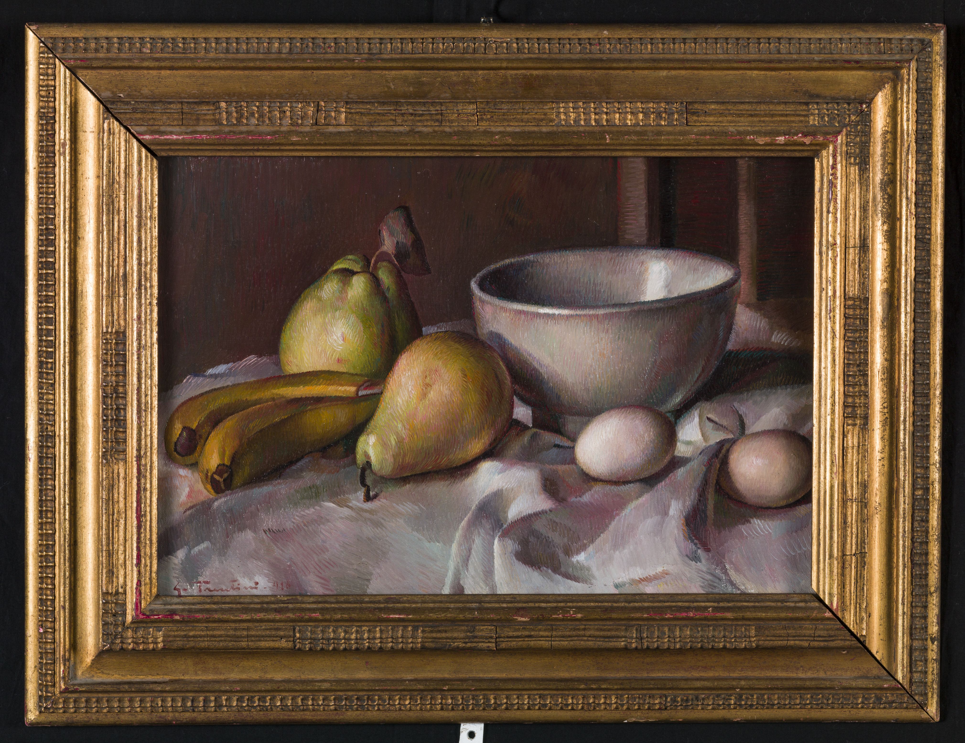 Natura morta, natura morta con frutta e uova (dipinto, opera isolata) di Trentini Guido (sec. XX)