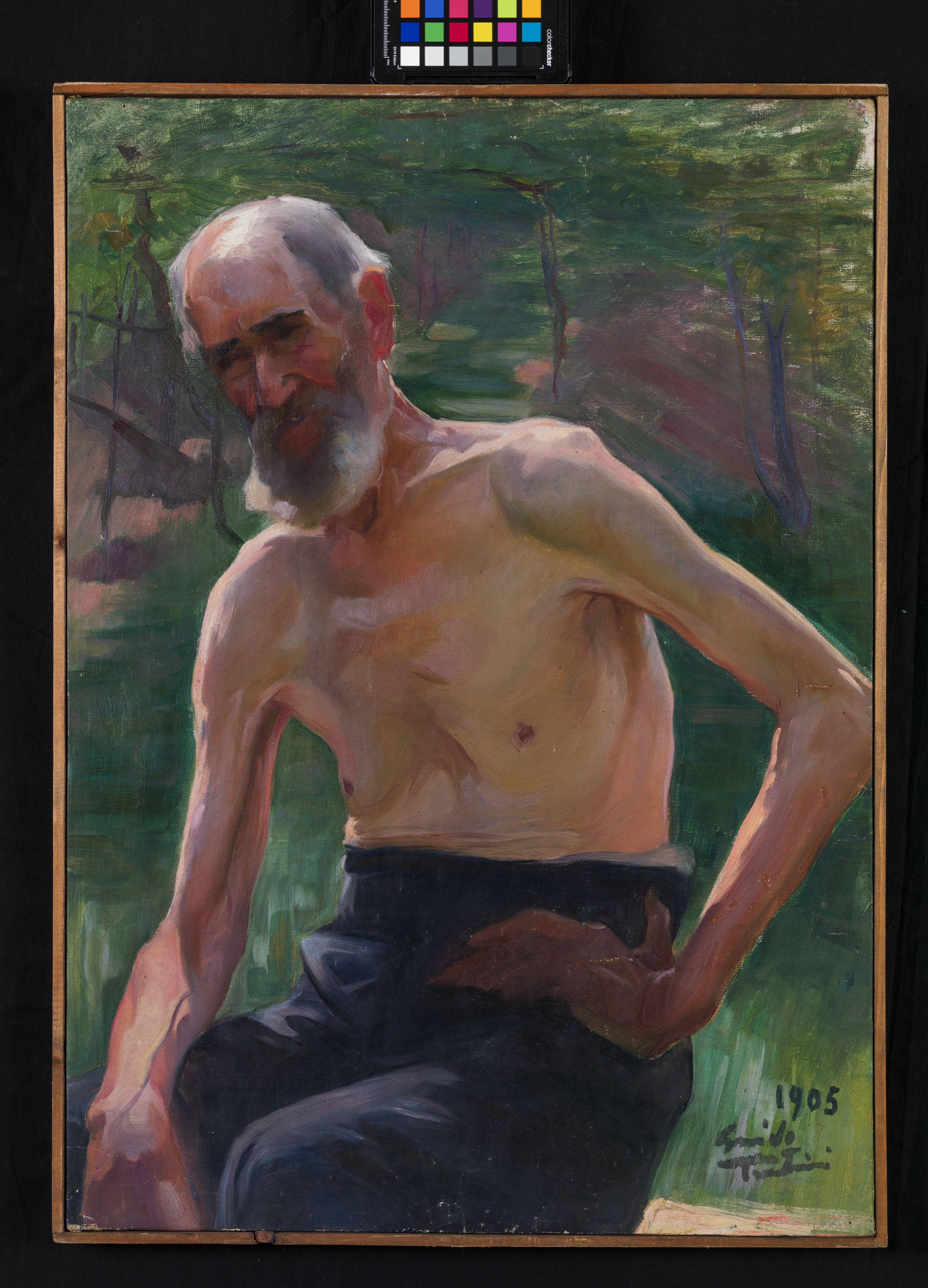 Vecchio uomo, figura di vecchio uomo seduto a torso nudo (dipinto, opera isolata) di Trentini Guido (sec. XX)