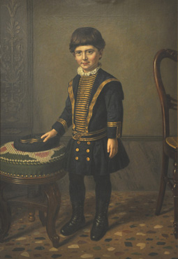 Ritratto di Achille Forti bambino, ritratto di bambino con abito blu a righe dorate (dipinto, opera isolata) di Fiamminghi Giacomo (sec. XIX)