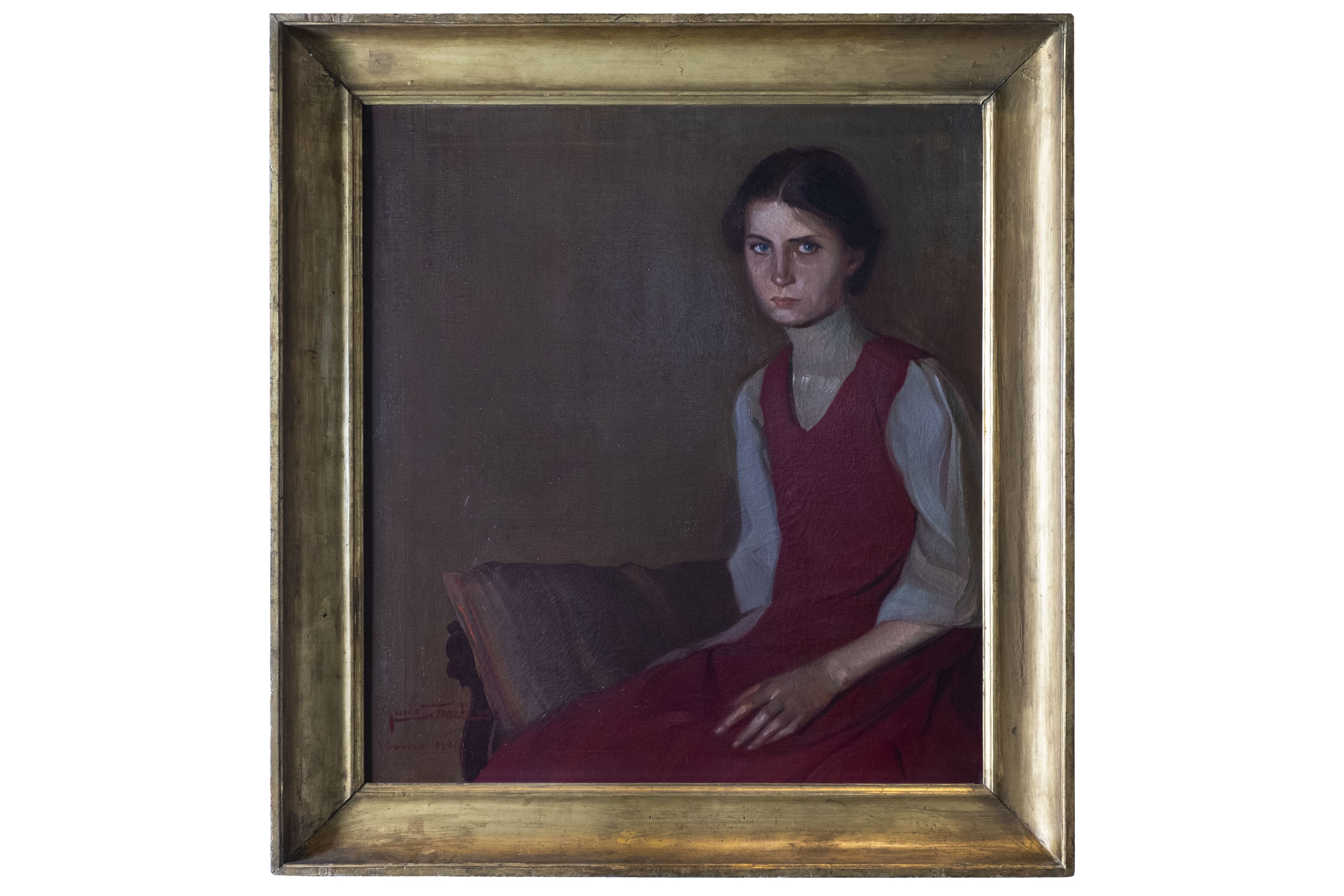Ragazza in rosso. Ritratto di ragazza con grembiule rosso, figura femminile seduta con grembiule rosso (dipinto, opera isolata) di Trentini Guido (sec. XX)