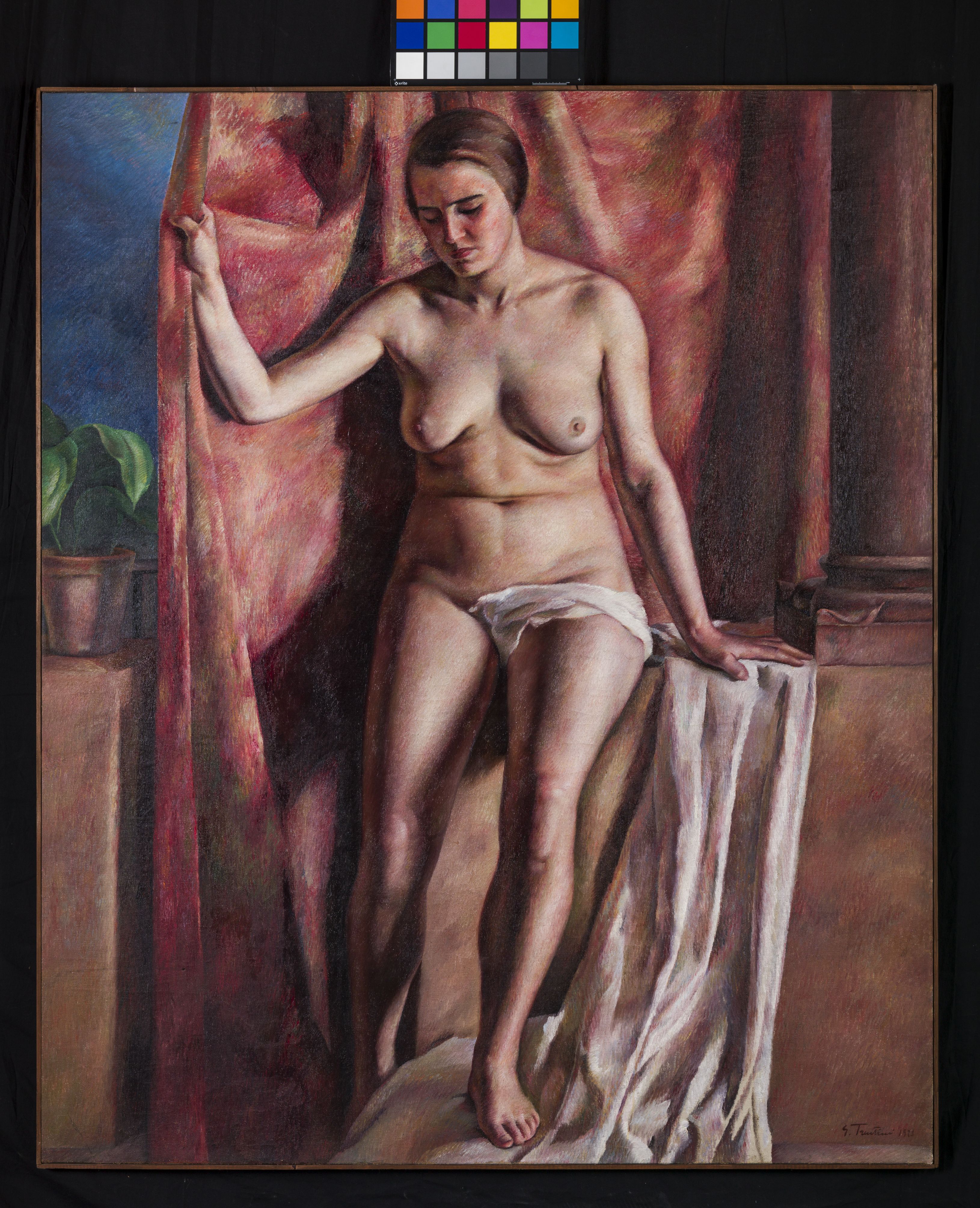 Nudo, figura femminile nuda con drappo rosso (dipinto, opera isolata) di Trentini Guido (sec. XX)