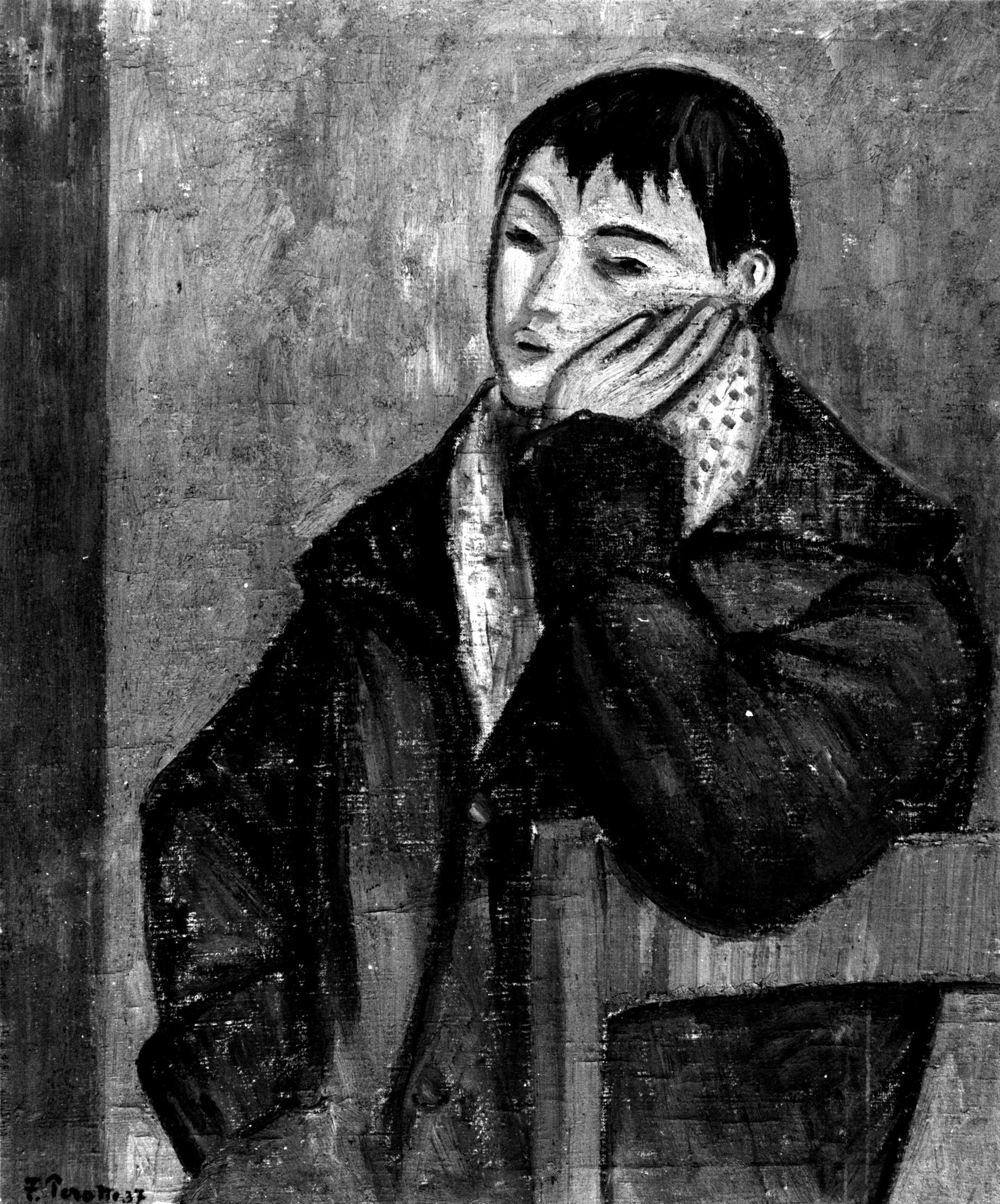 Ritratto di giovanetto, figura di giovane uomo seduto con cappotto (dipinto, opera isolata) di Perotti Francesco (sec. XX)