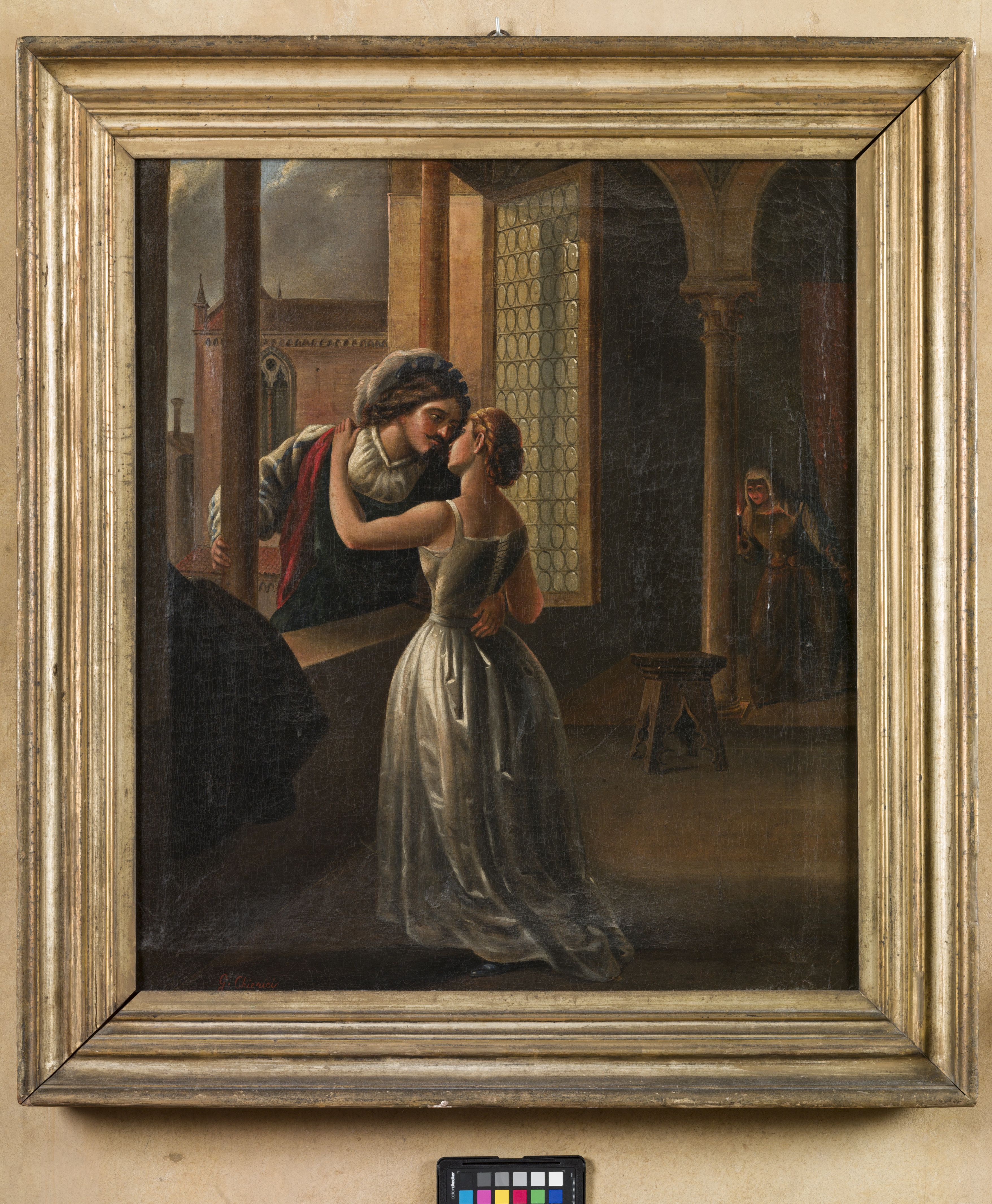 Giulietta e Romeo, figura maschile intera e figura femminile intera in abiti medievali (dipinto, opera isolata) di Chierici Gaetano (sec. XIX)