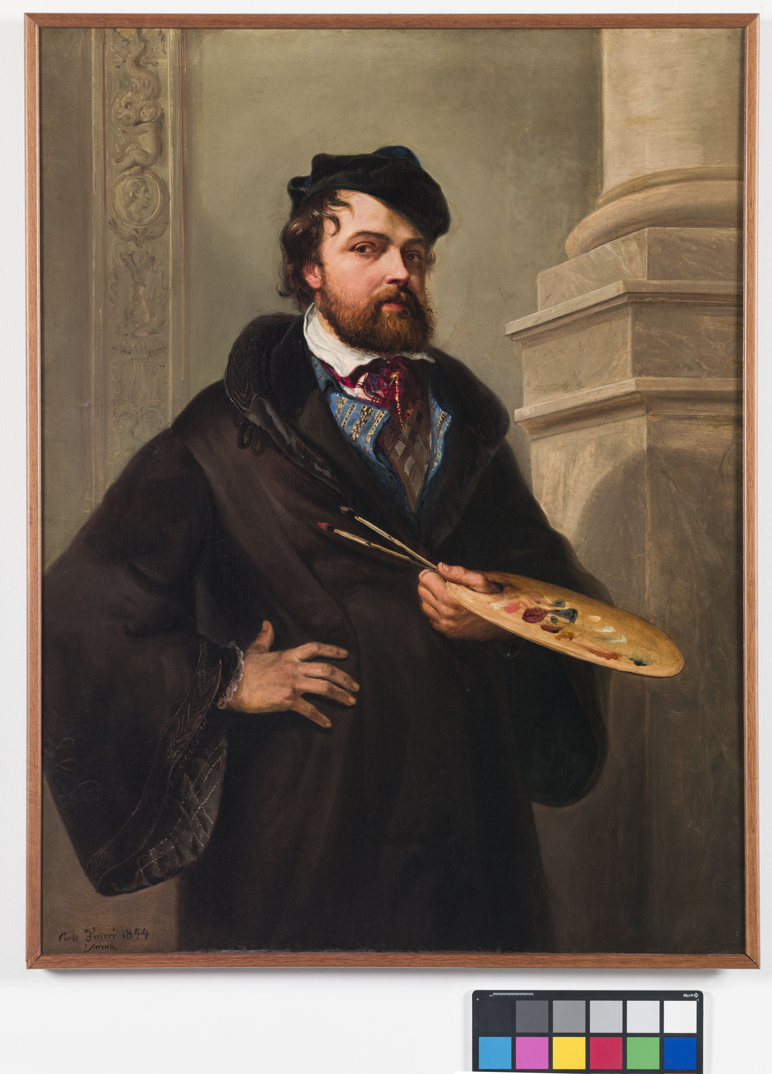 Autoritratto con tavolozza, busto ritratto maschile con barba, cappello e tavolozza (dipinto, opera isolata) di Ferrari Carlo detto Ferrarin (sec. XIX)