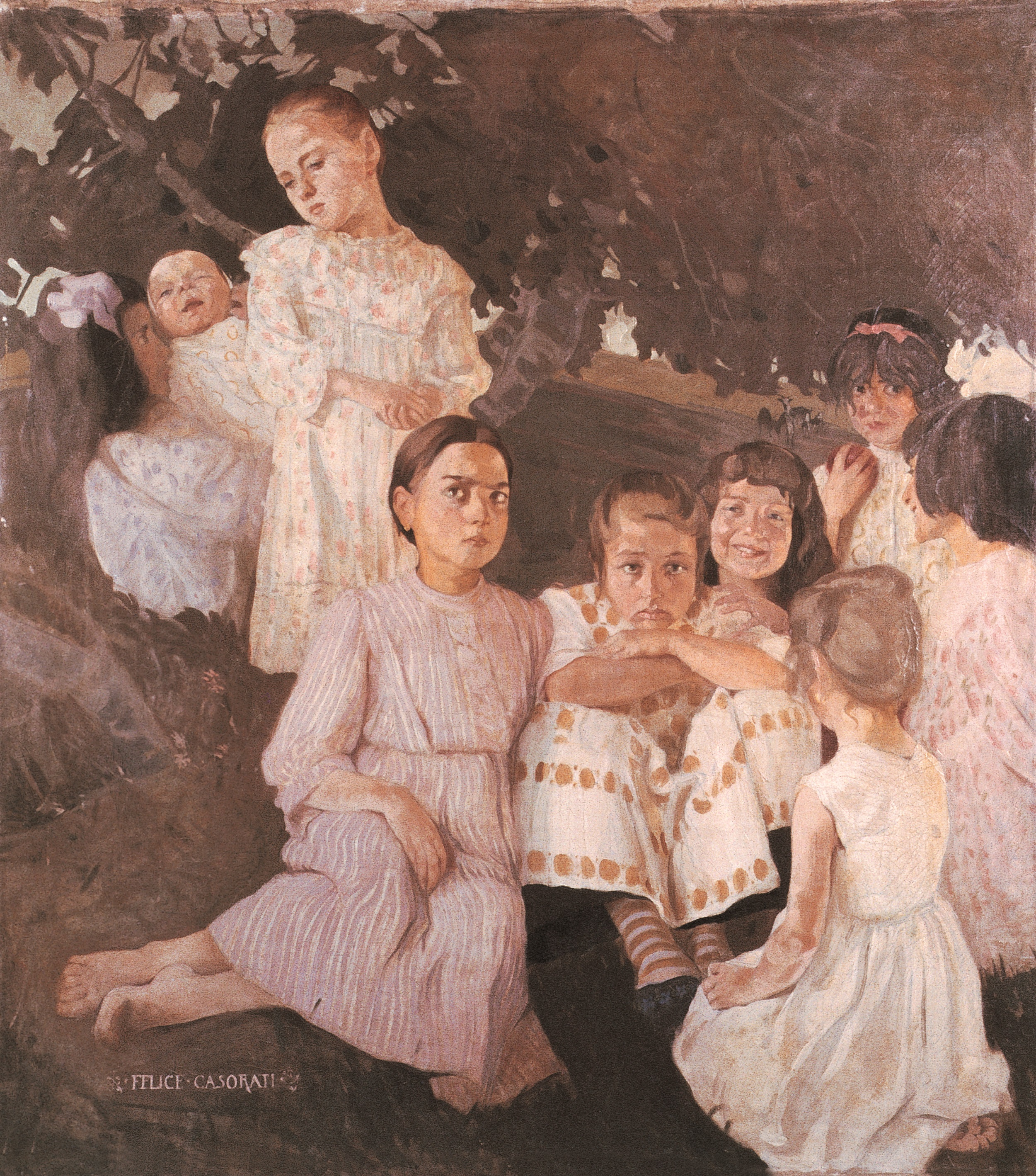 Le bambine, otto figure di bambine con paesaggio (dipinto, opera isolata) di Casorati Felice (sec. XX)