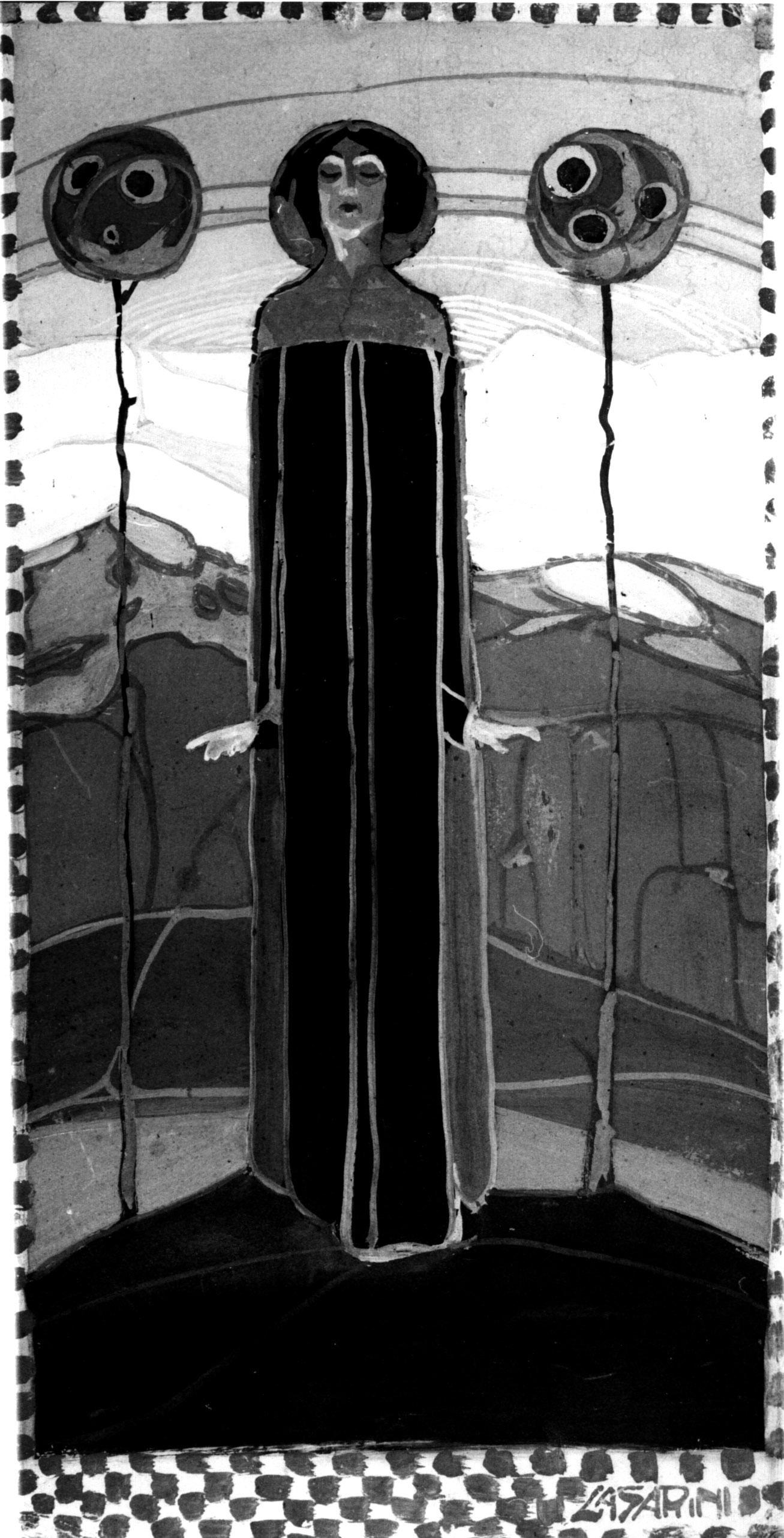 Figura in blu [Donna con due fiori a lungo stelo], figura femminile con tunica e con due fiori a stelo lungo (dipinto, opera isolata) di Casarini Pino (sec. XX)