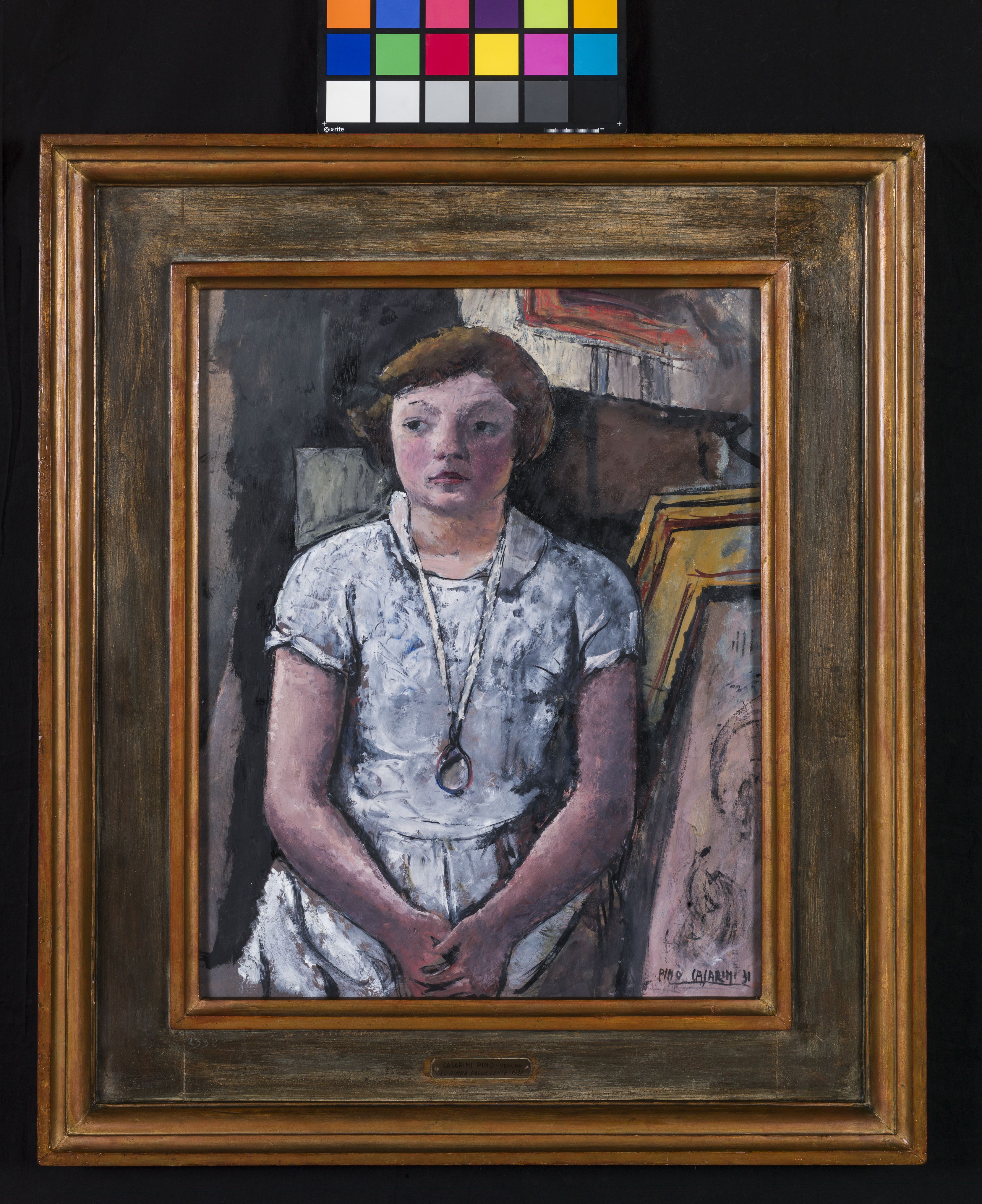 Bambina con lente sul collo, figura di bambina con lente (dipinto, opera isolata) di Casarini Pino (sec. XX)