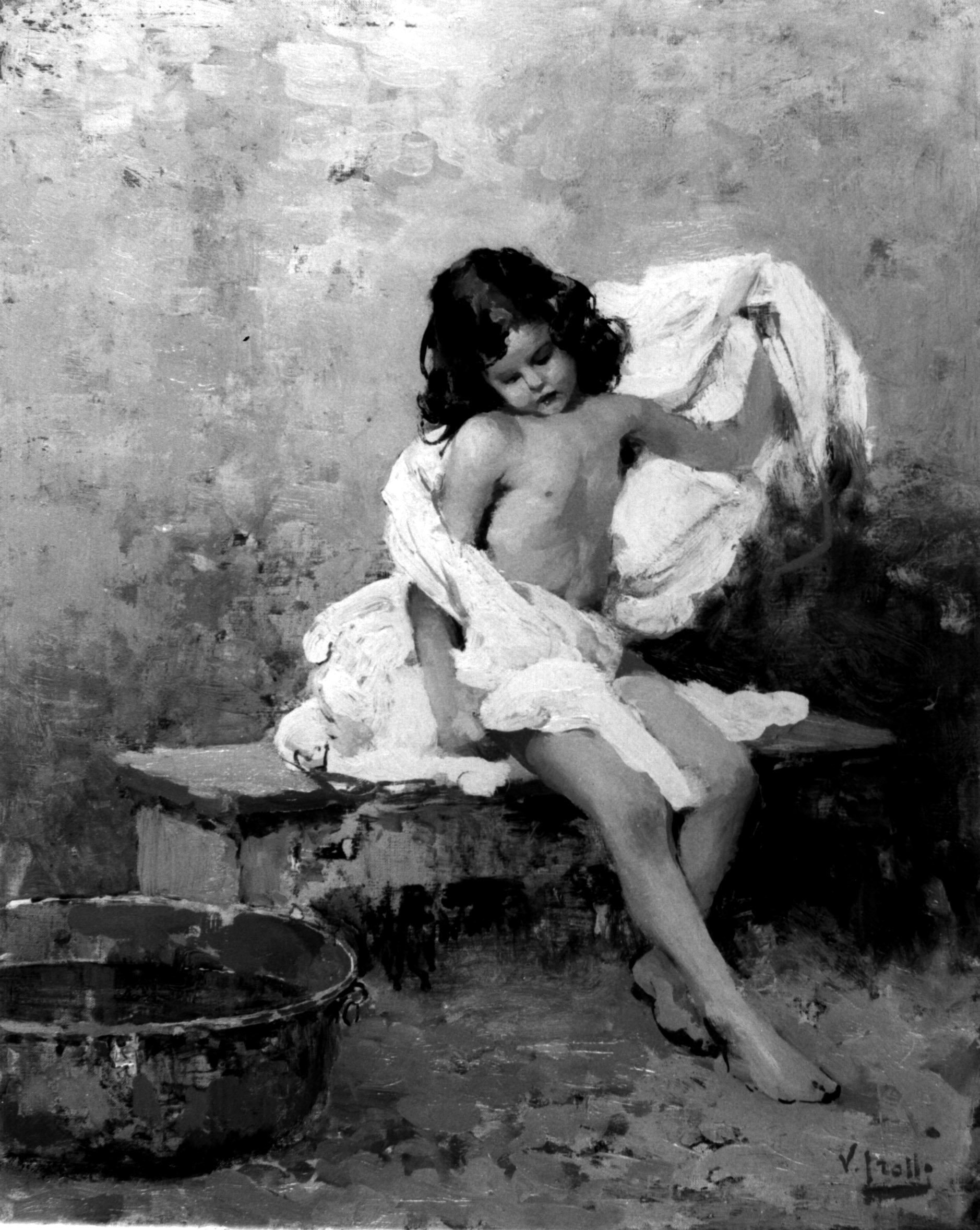 Bambina che si asciuga, figura di bambina seduta con telo bianco (dipinto, opera isolata) di Irolli Vincenzo (sec. XIX)