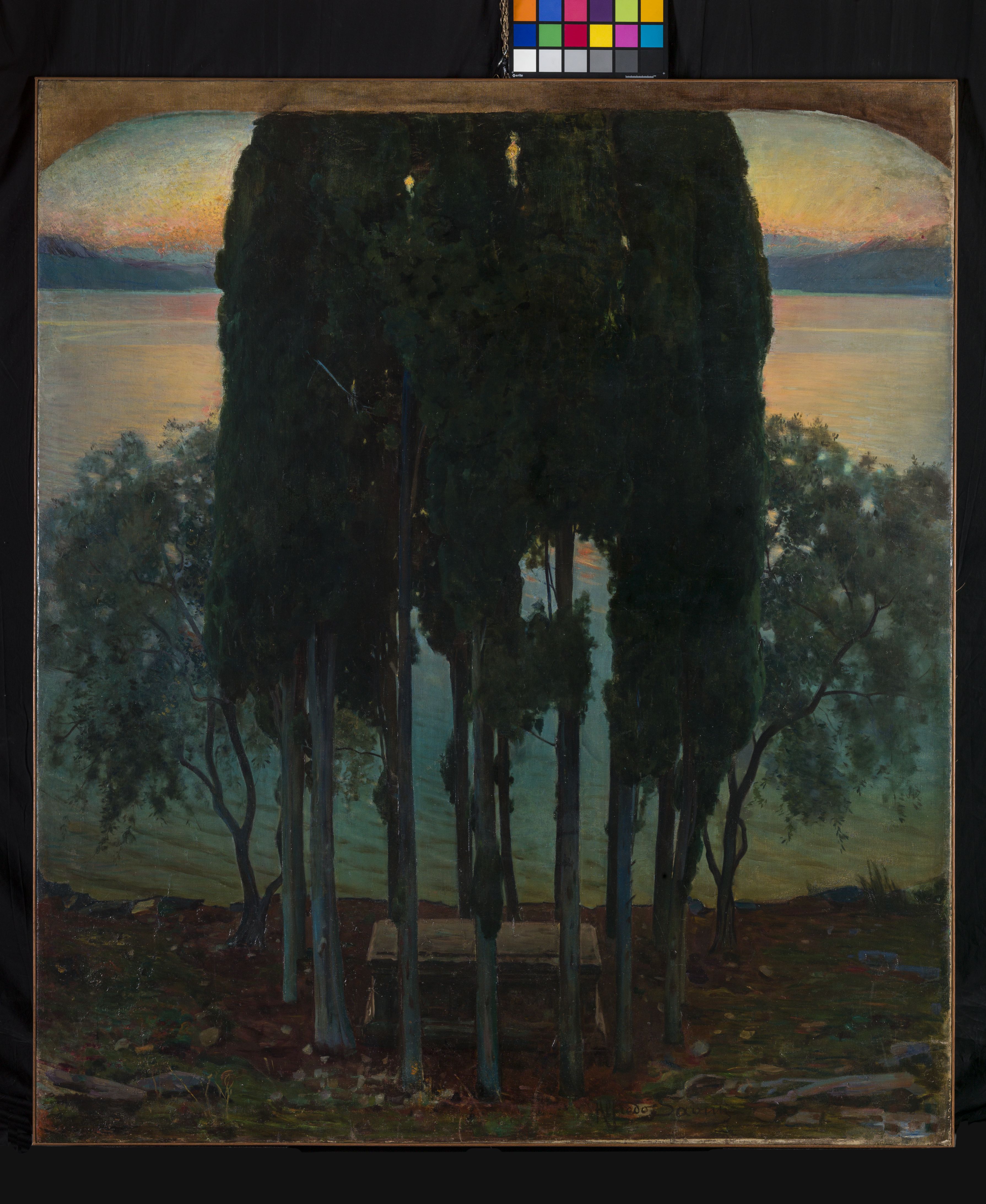 La pace. Tomba tra i cipressi, paesaggio lacustre con cipressi e tomba (dipinto, opera isolata) di Savini Alfredo (sec. XX)