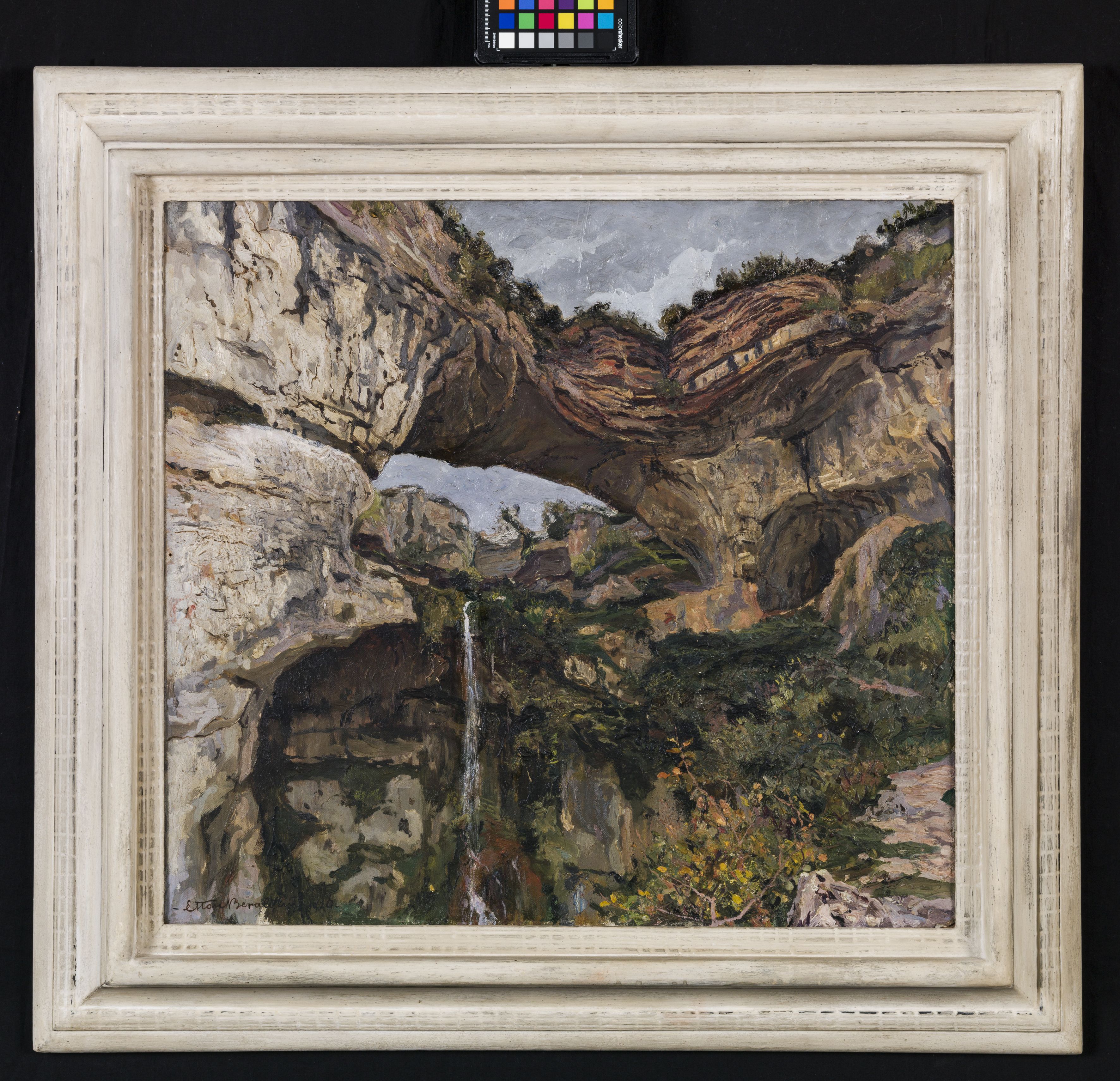 Ponte di Veja in Lessinia veronese, paesaggio con ponte naturale in roccia (dipinto, opera isolata) di Beraldini Ettore (sec. XX)