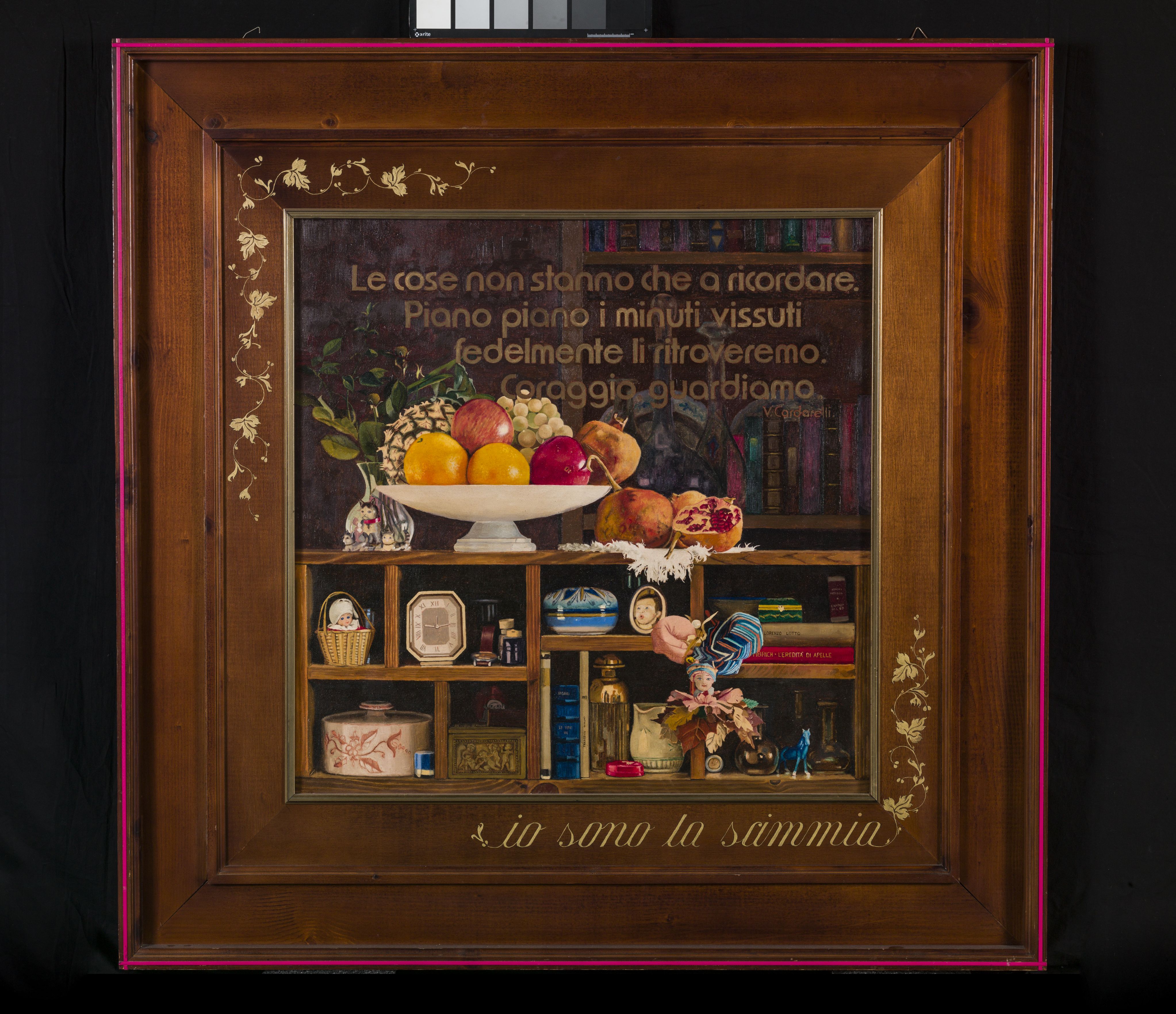 Le cose, natura morta con frutta, scaffali e motivo decorativo vegetale (dipinto, opera isolata) di Giuliari Francesco (sec. XX)