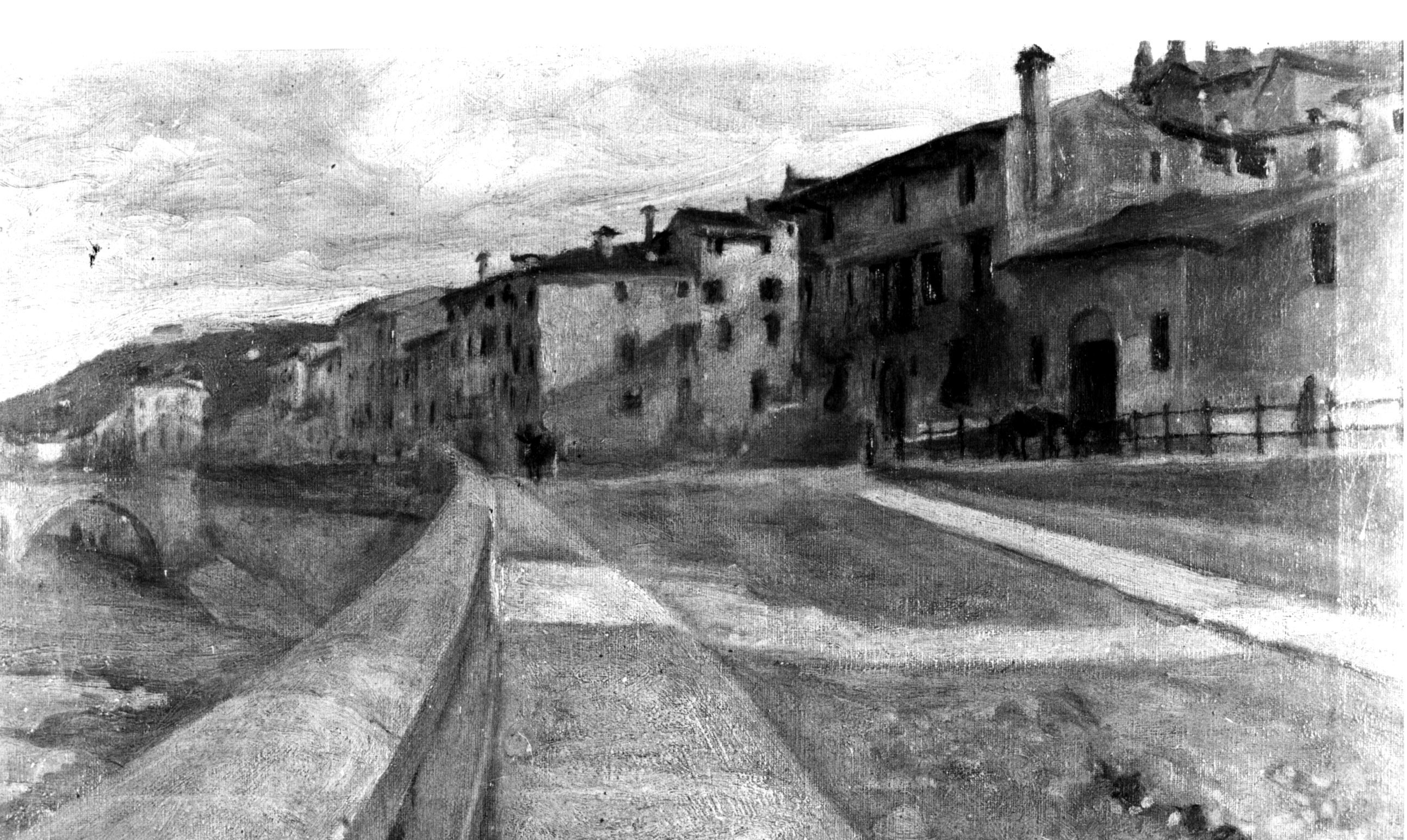 Lungadige al Teatro Romano, veduta di Verona con il Ponte Pietra (dipinto, opera isolata) di Ronca Benvenuto (sec. XX)