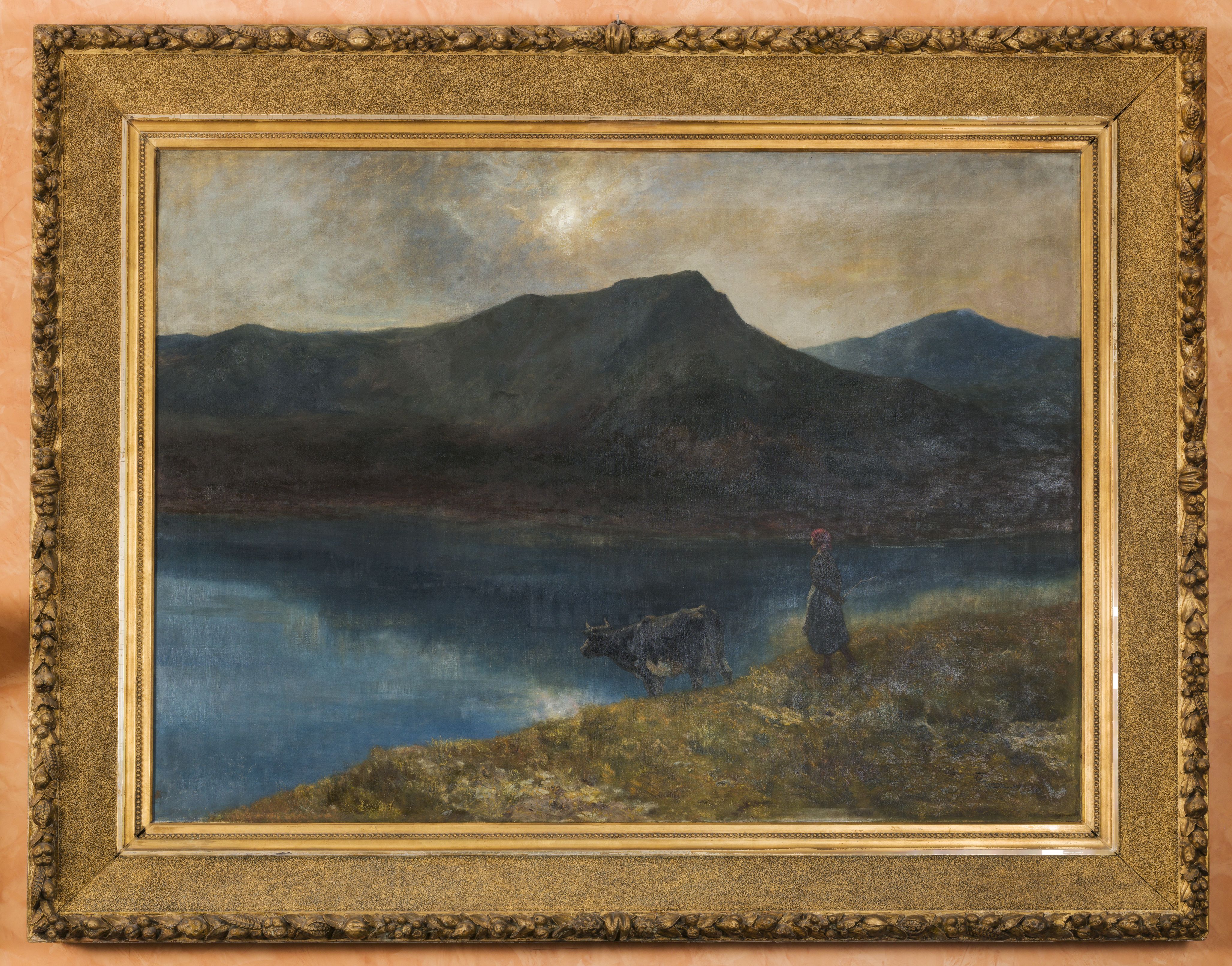 Tramonto sul lago, paesaggio con pastorella e mucca (dipinto, opera isolata) di Zannoni Giuseppe (sec. XIX)