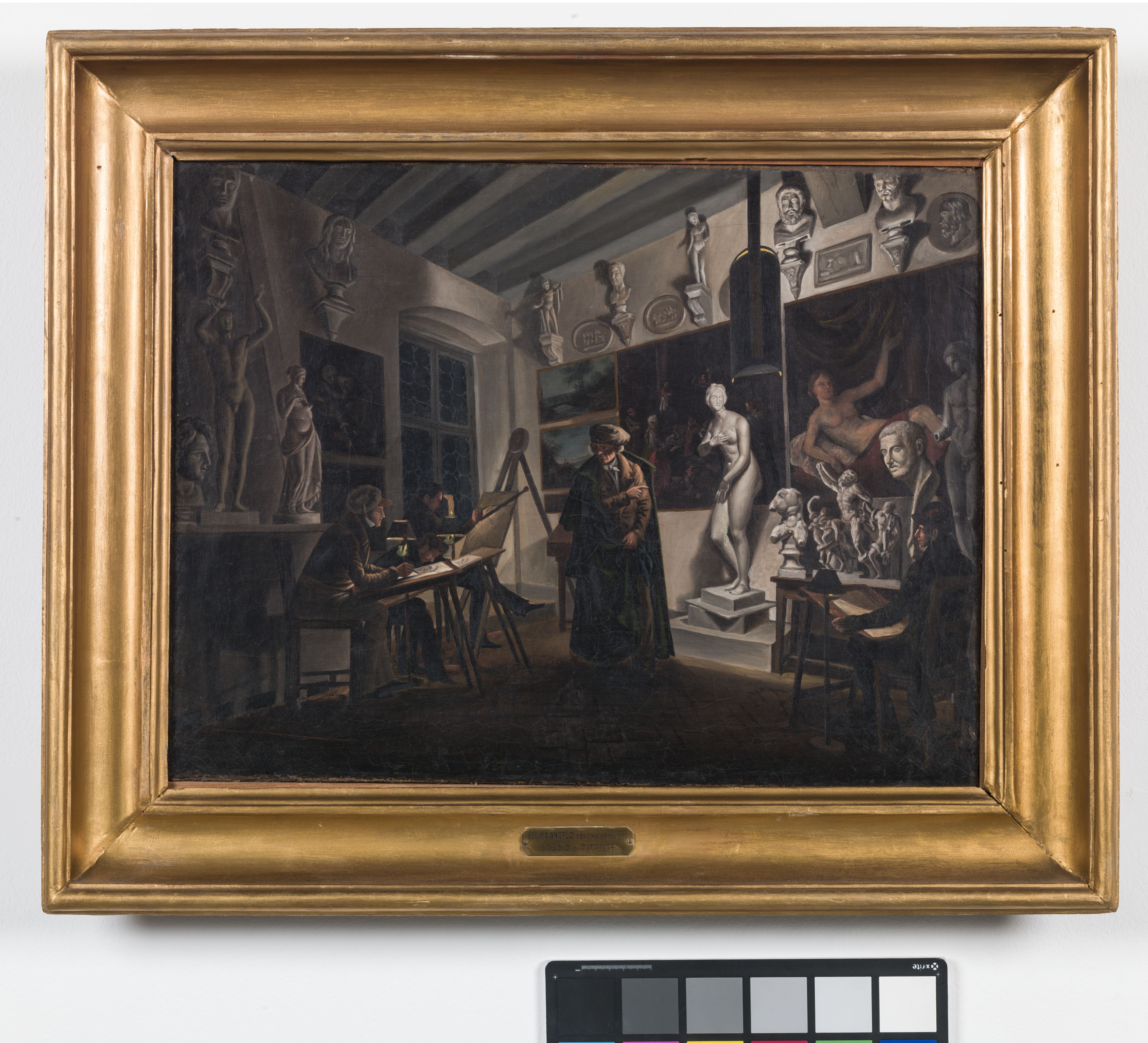 Studio di pittore, studio di artista con quadreria, sculture e cinque figure (dipinto, opera isolata) di Recchia Angelo (sec. XIX)
