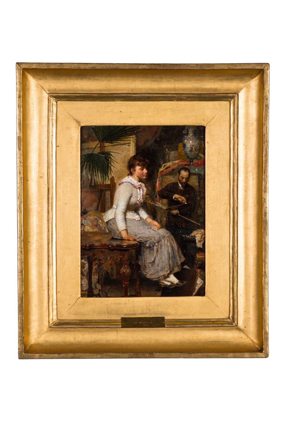 La modella, studio di artista con figura maschile (artista) e figura femminile (modella) (dipinto, opera isolata) di Nani Napoleone (sec. XIX)