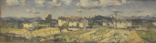 Campagna del varesotto, paesaggio con case bianche (dipinto, opera isolata) di De Bernardi Domenico (sec. XX)