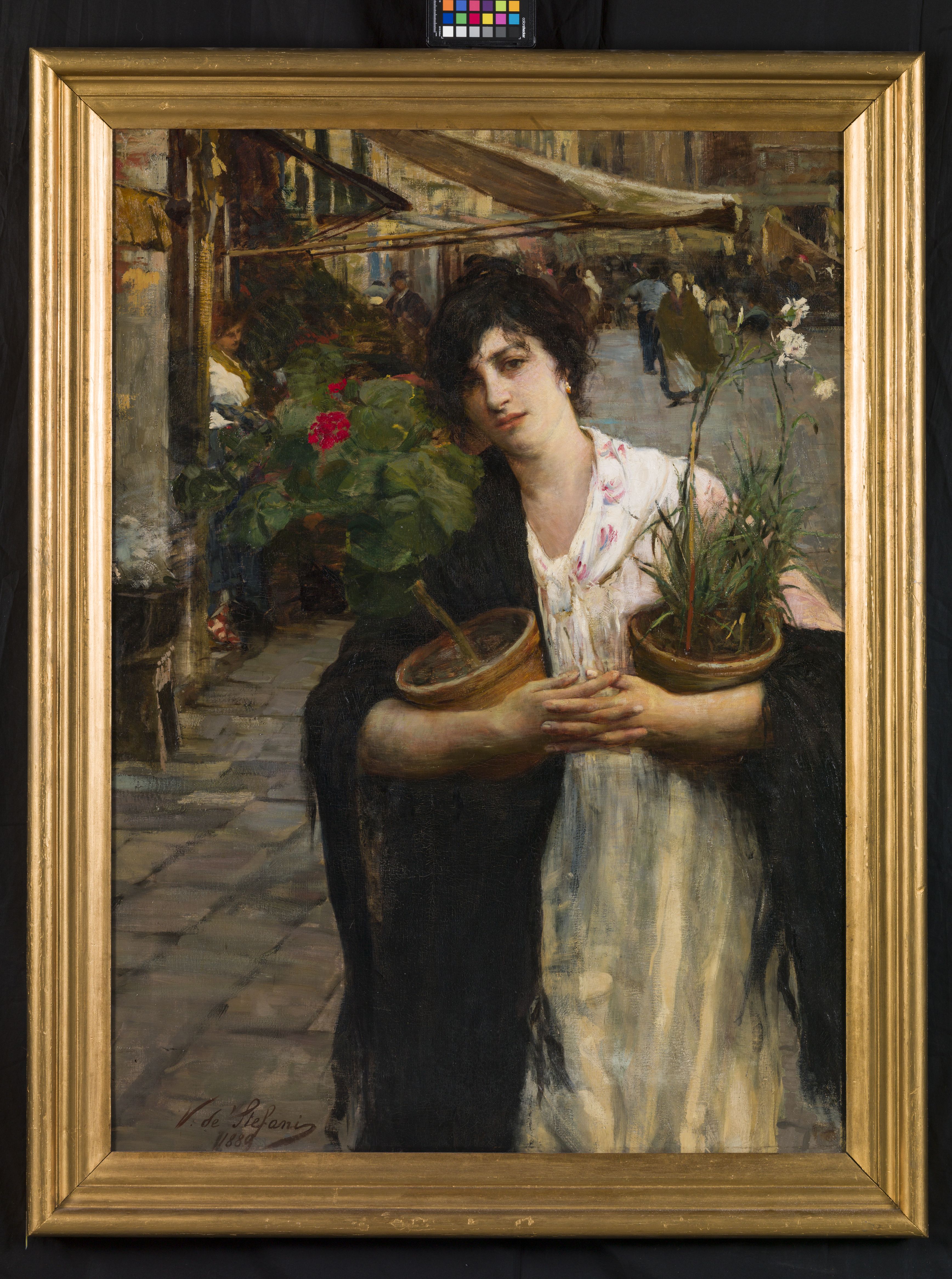 La Lisa. Donna con i fiori, figura ritratto di donna con esterno (dipinto, opera isolata) di De Stefani Vincenzo (sec. XIX)