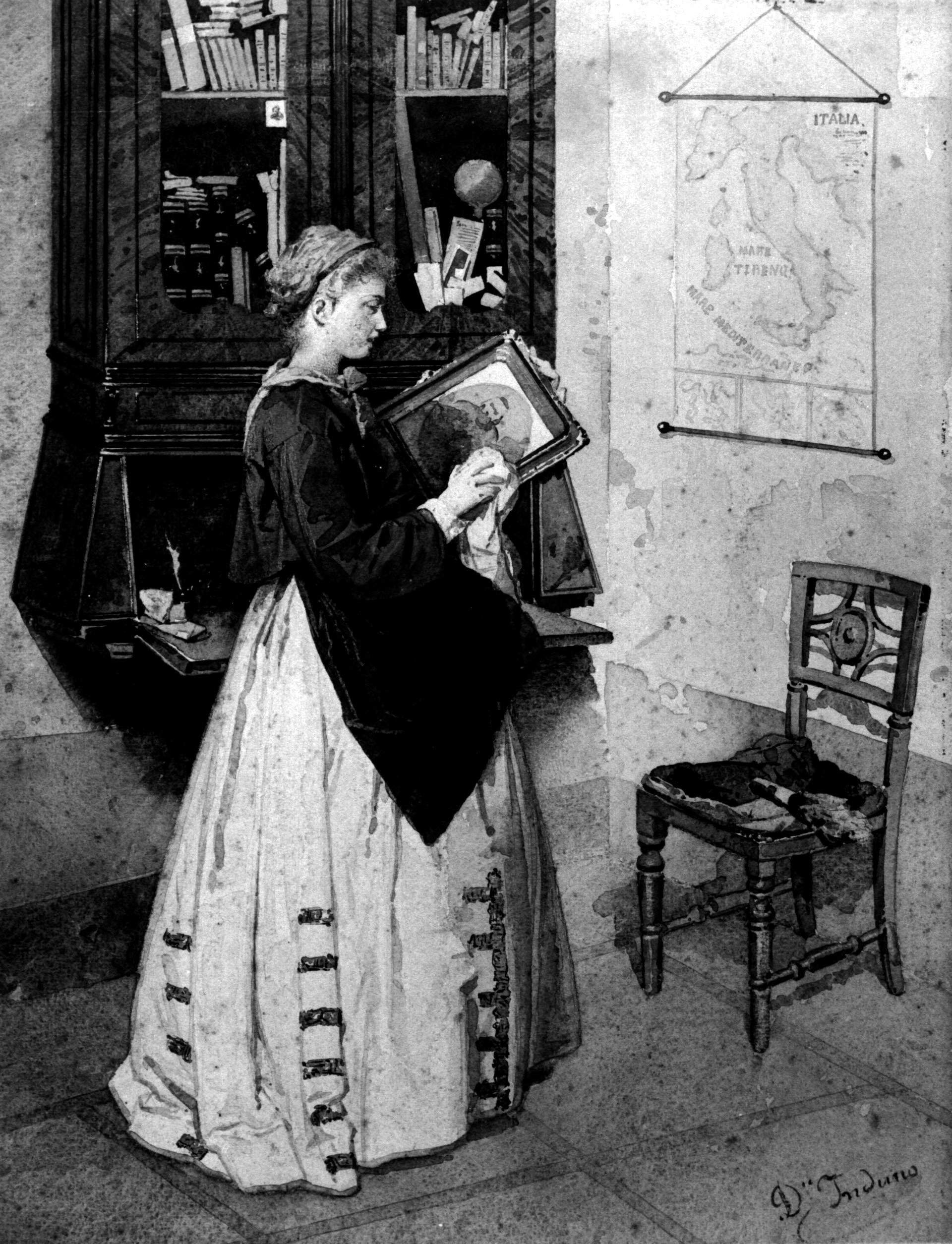 Donna che pulisce un quadro di Garibaldi [Fanciulla in biblioteca]*, figura femminile con dipinto in interno con libreria e carta geografica (dipinto, opera isolata) di Induno Domenico (sec. XIX)