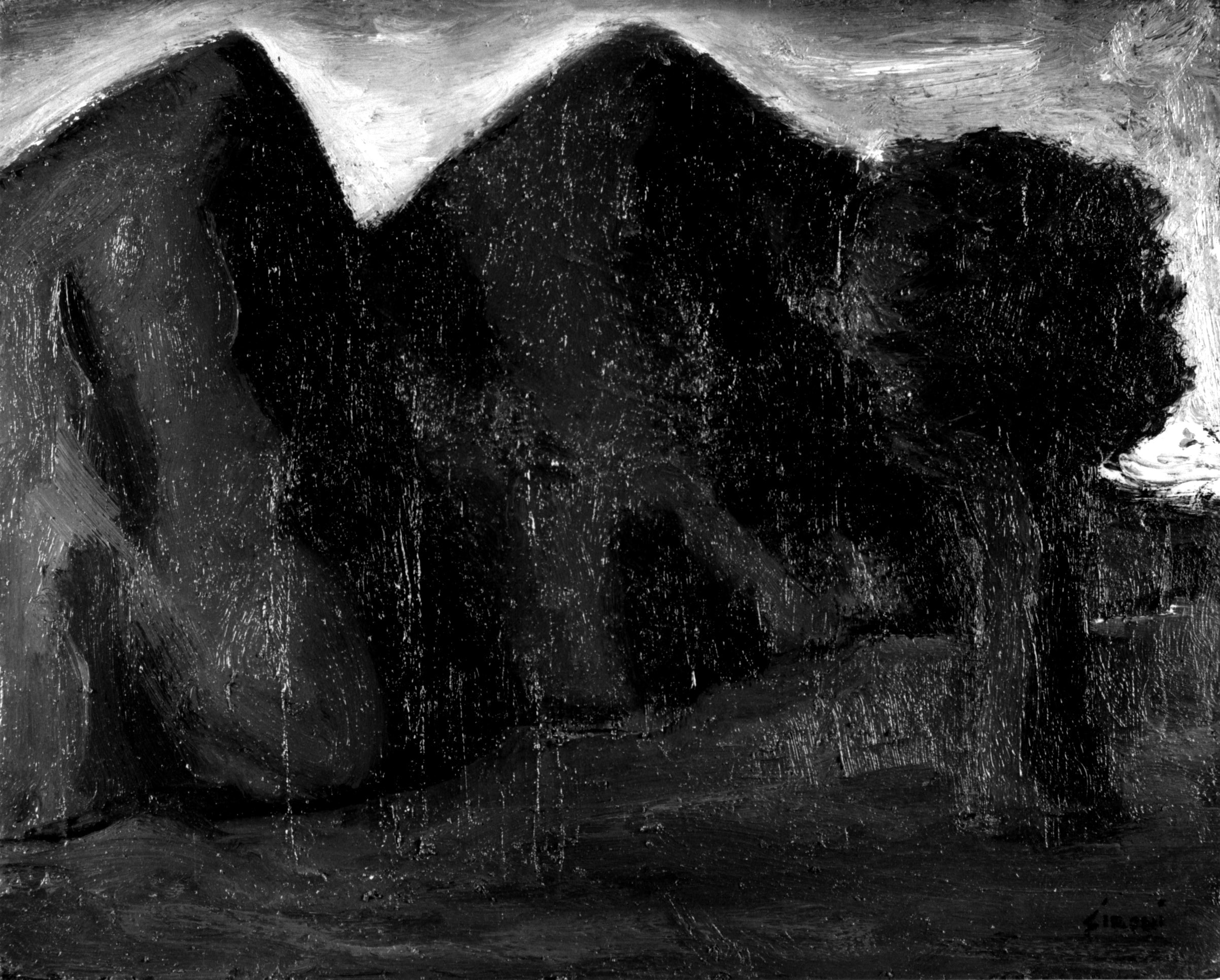 Paesaggio, paesaggio con montagne (dipinto, opera isolata) di Sironi Mario (sec. XX)
