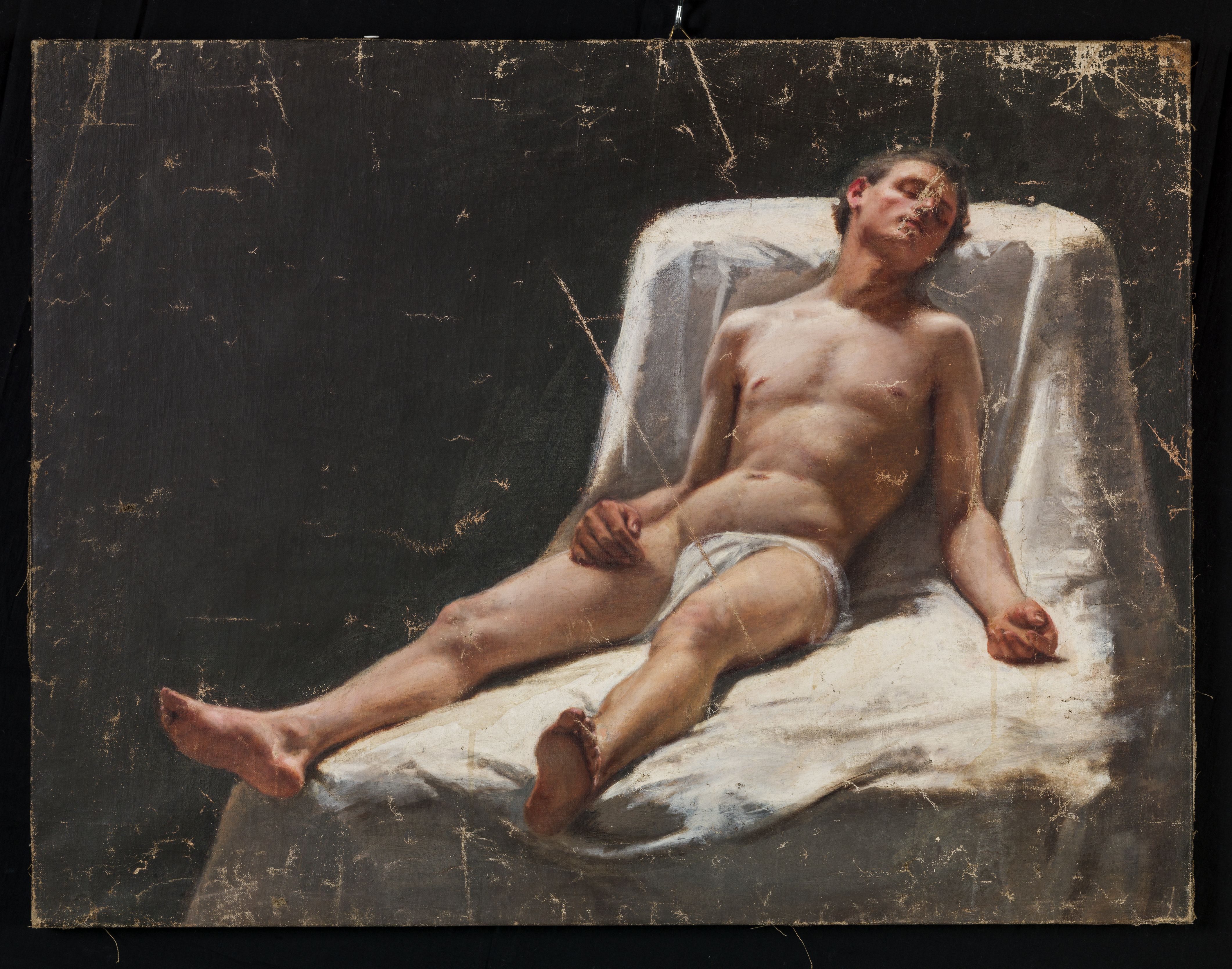 Nudo, figura di uomo sdraiato con lenzuolo bianco (dipinto, opera isolata) di Savini Alfredo (sec. XIX)