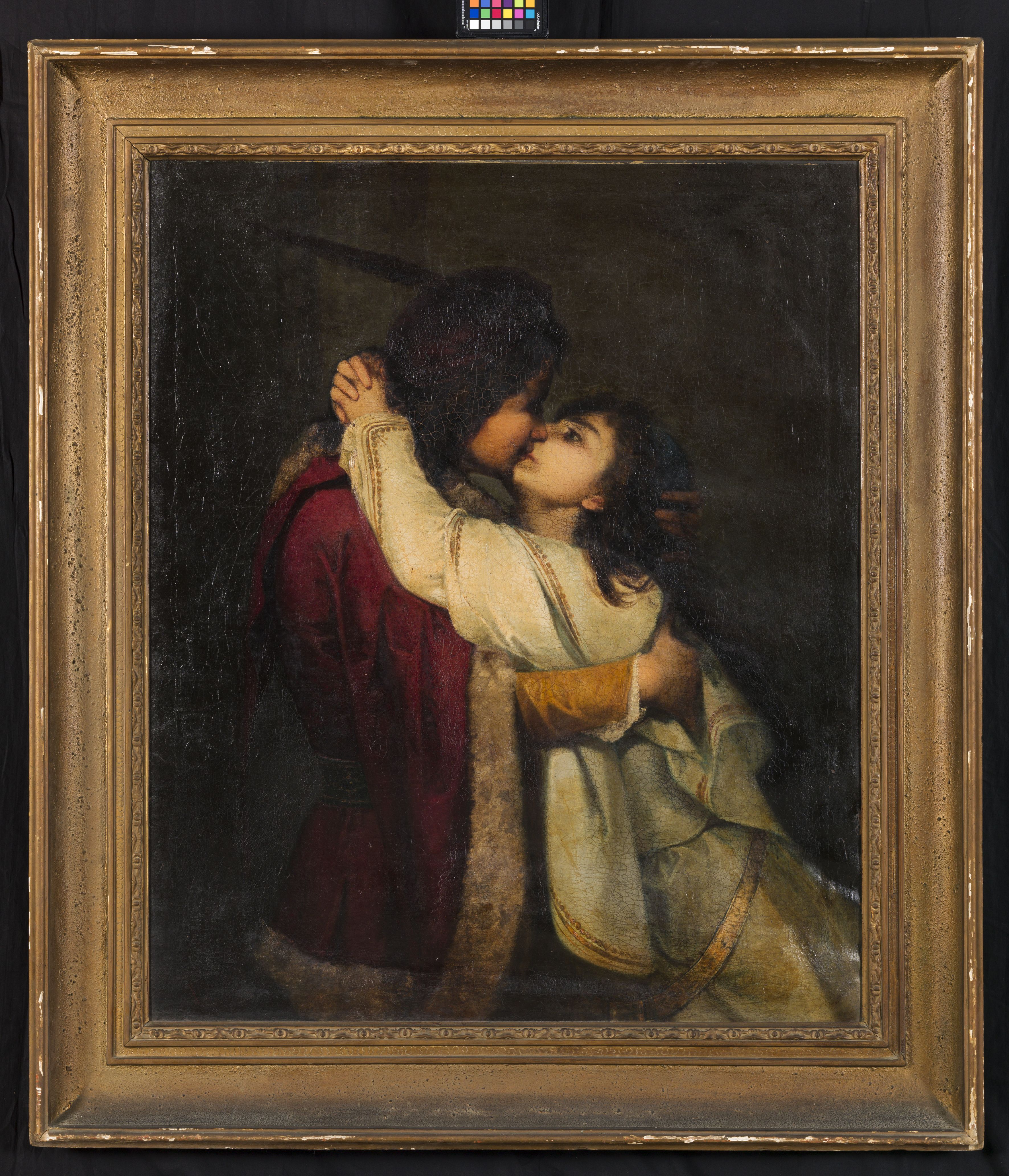 Il bacio, figura maschile e figura femminile in abiti antichi abbracciati (dipinto, opera isolata) di Sorio Luigi (sec. XIX)