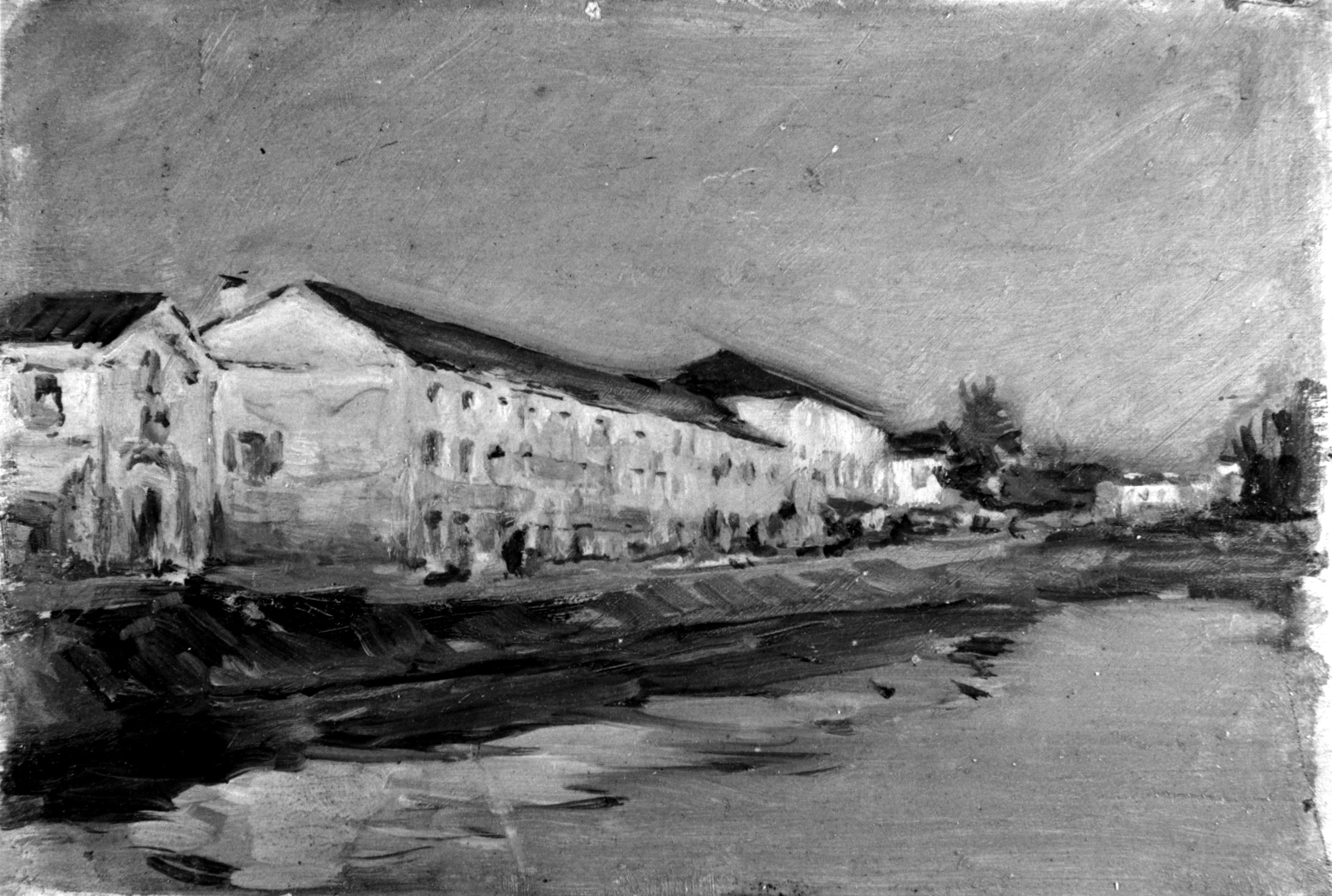 Canale, paesaggio urbano con fiume e due piccole figure (dipinto, opera isolata) di Selvatico Lino (sec. XX)