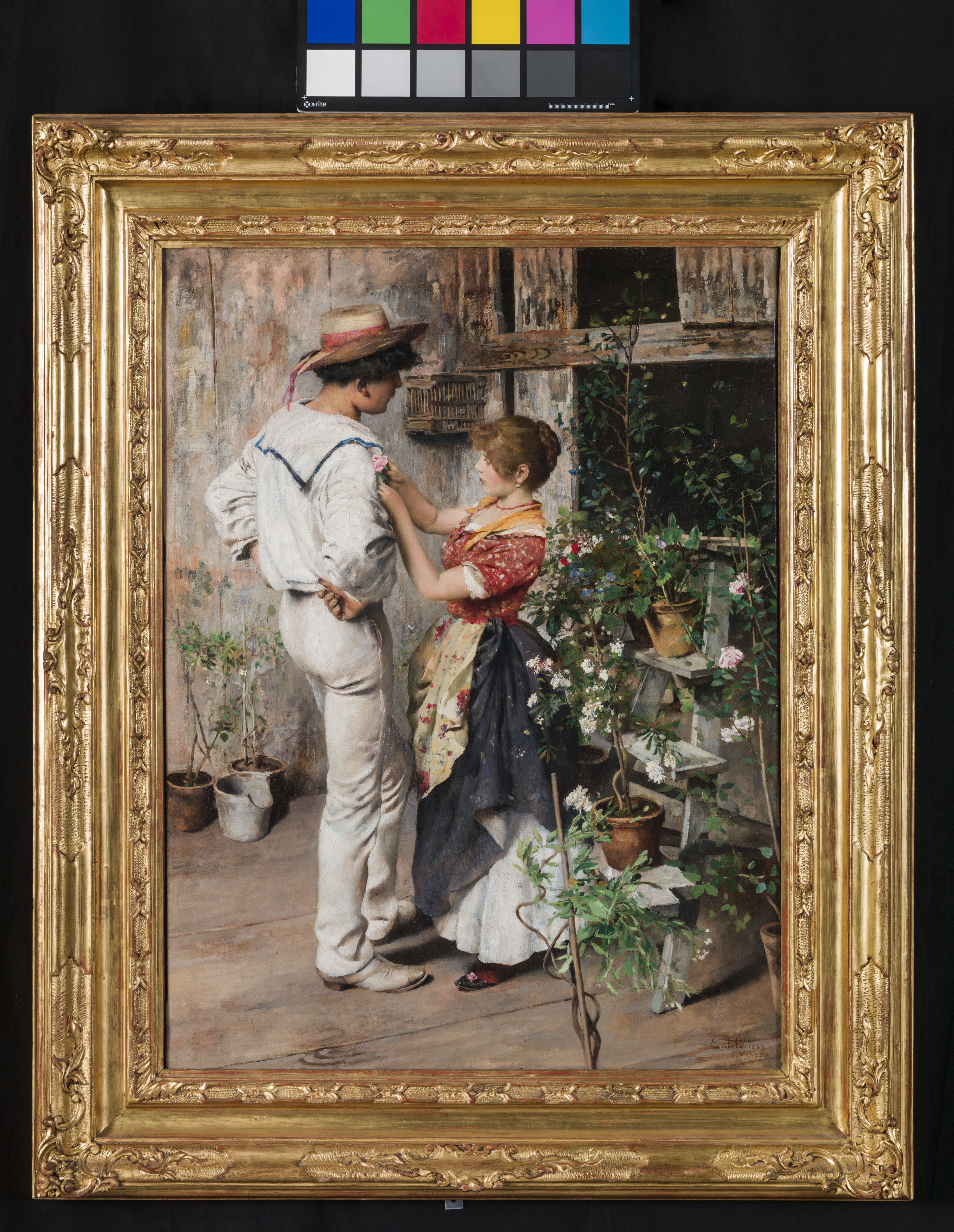 La fioraia, venditrice di fiori con figura maschile (dipinto, opera isolata) di Tito Ettore (sec. XIX)