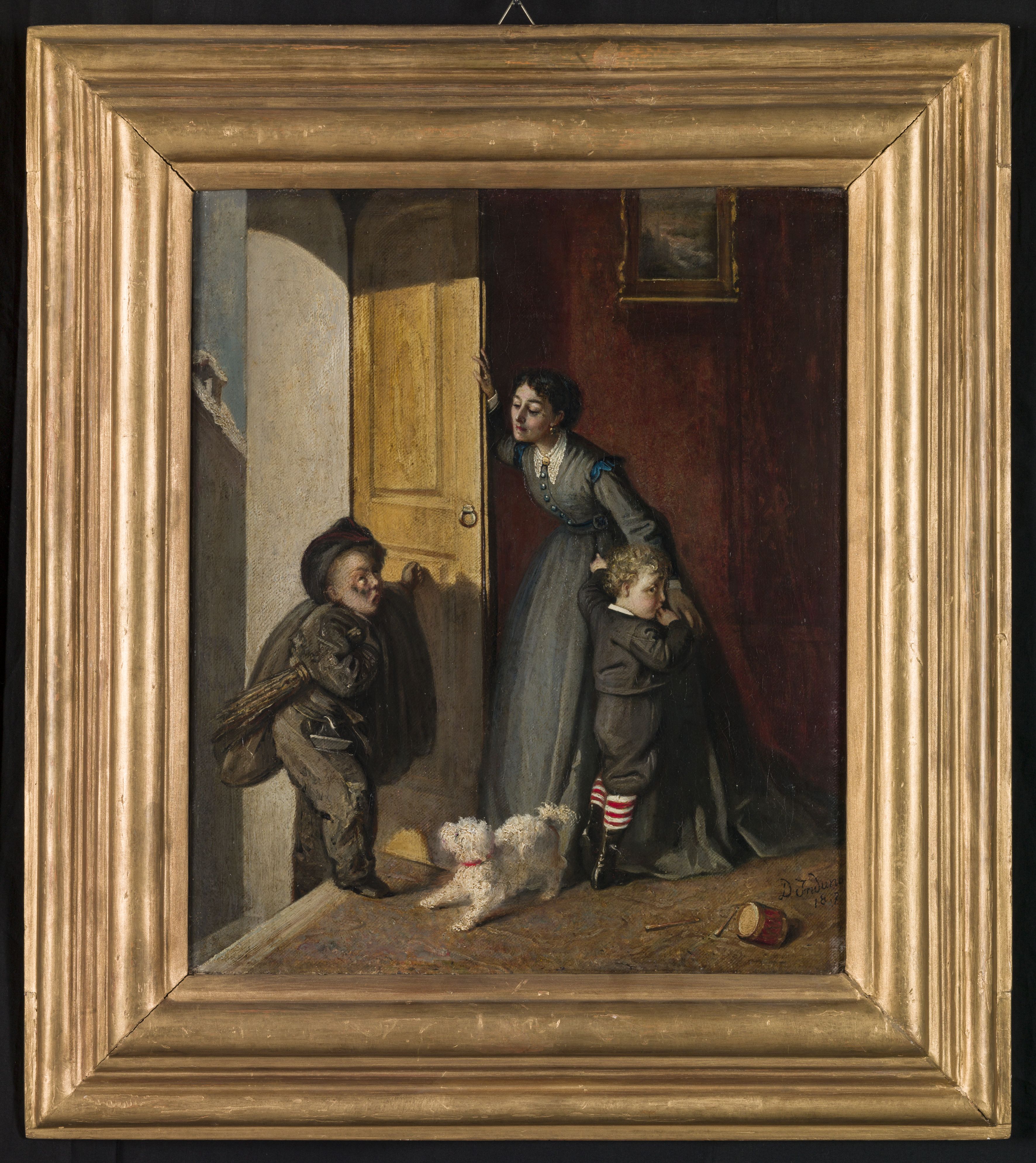 Lo spazzacamino, figura femminile, due figure di bambino con cagnolino bianco in interno (dipinto, opera isolata) di Induno Domenico (sec. XIX)