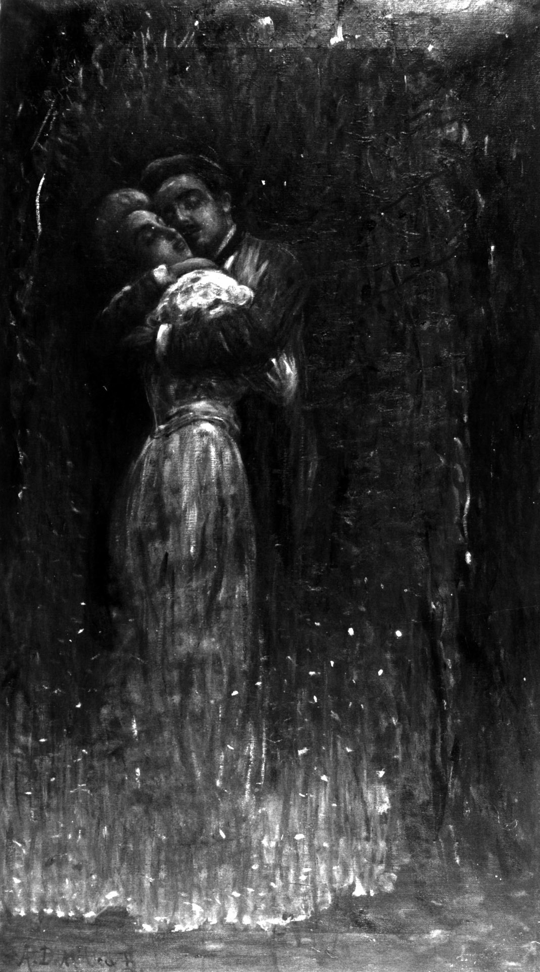 Amanti, notturno, figura di donna e figura di uomo con paesaggio notturno (dipinto, opera isolata) di Dall'Oca Bianca Angelo (sec. XX)