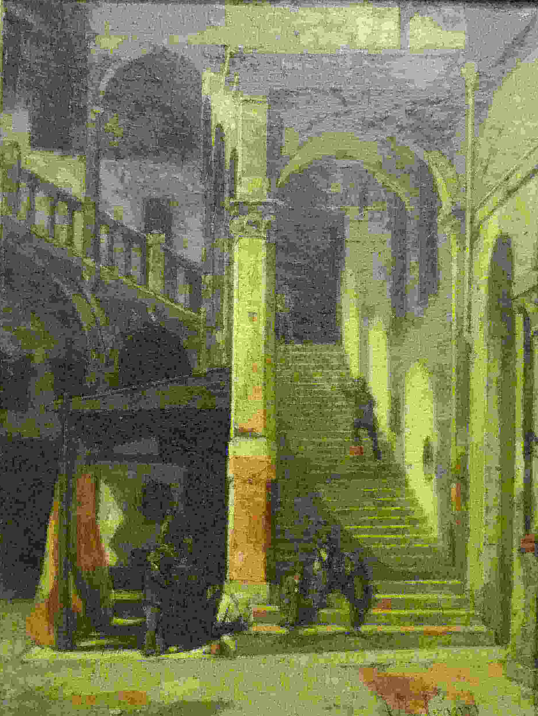 Scala del cortile del Mercato Vecchio, veduta della scala del cortile Mercato Vecchio a Verona con nove figure (dipinto, opera isolata) di Avanzi Vittorio (sec. XIX)