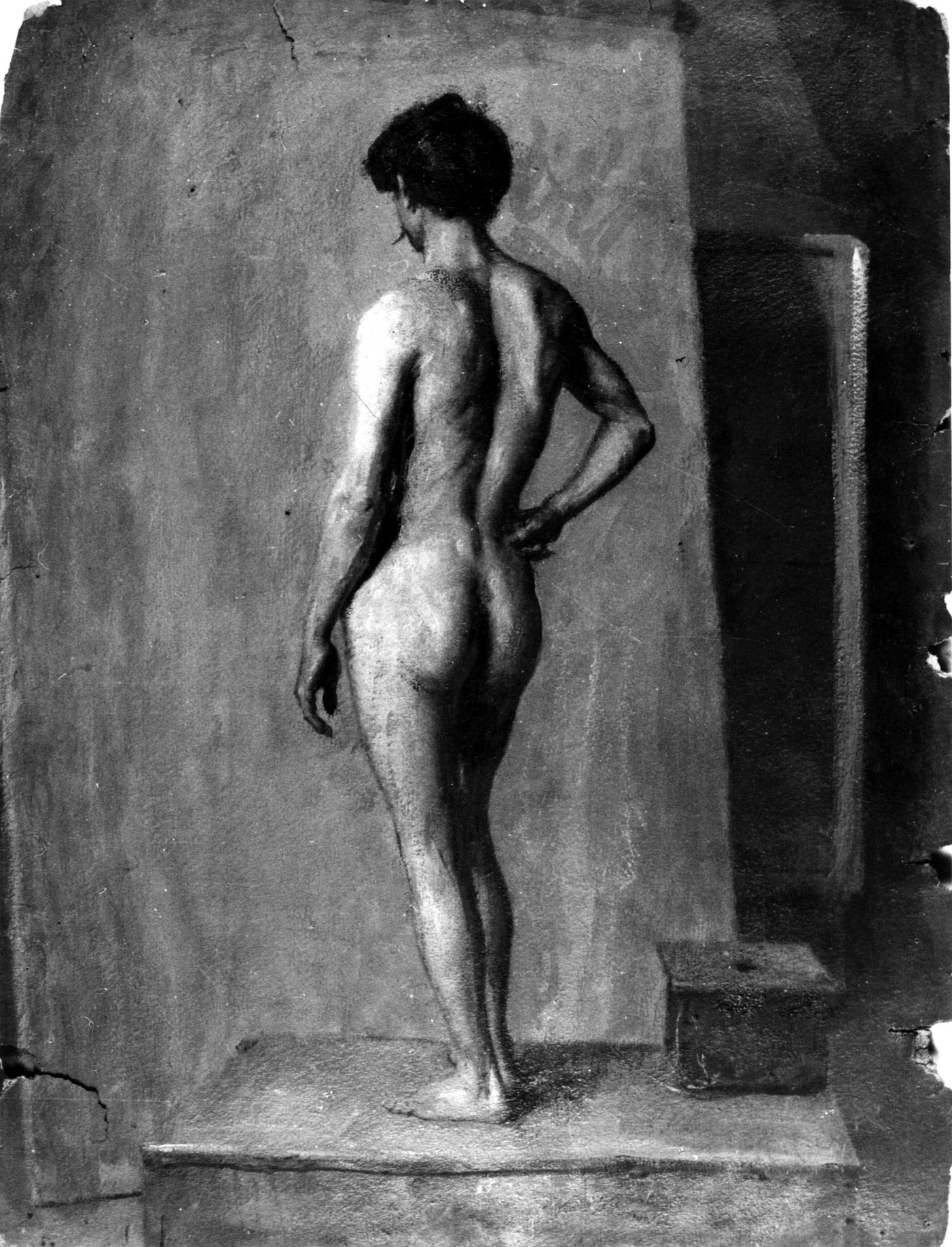 Nudo d'accademia, figura di giovane nudo in piedi visto da dietro (dipinto, opera isolata) di Dall'Oca Bianca Angelo (sec. XIX)