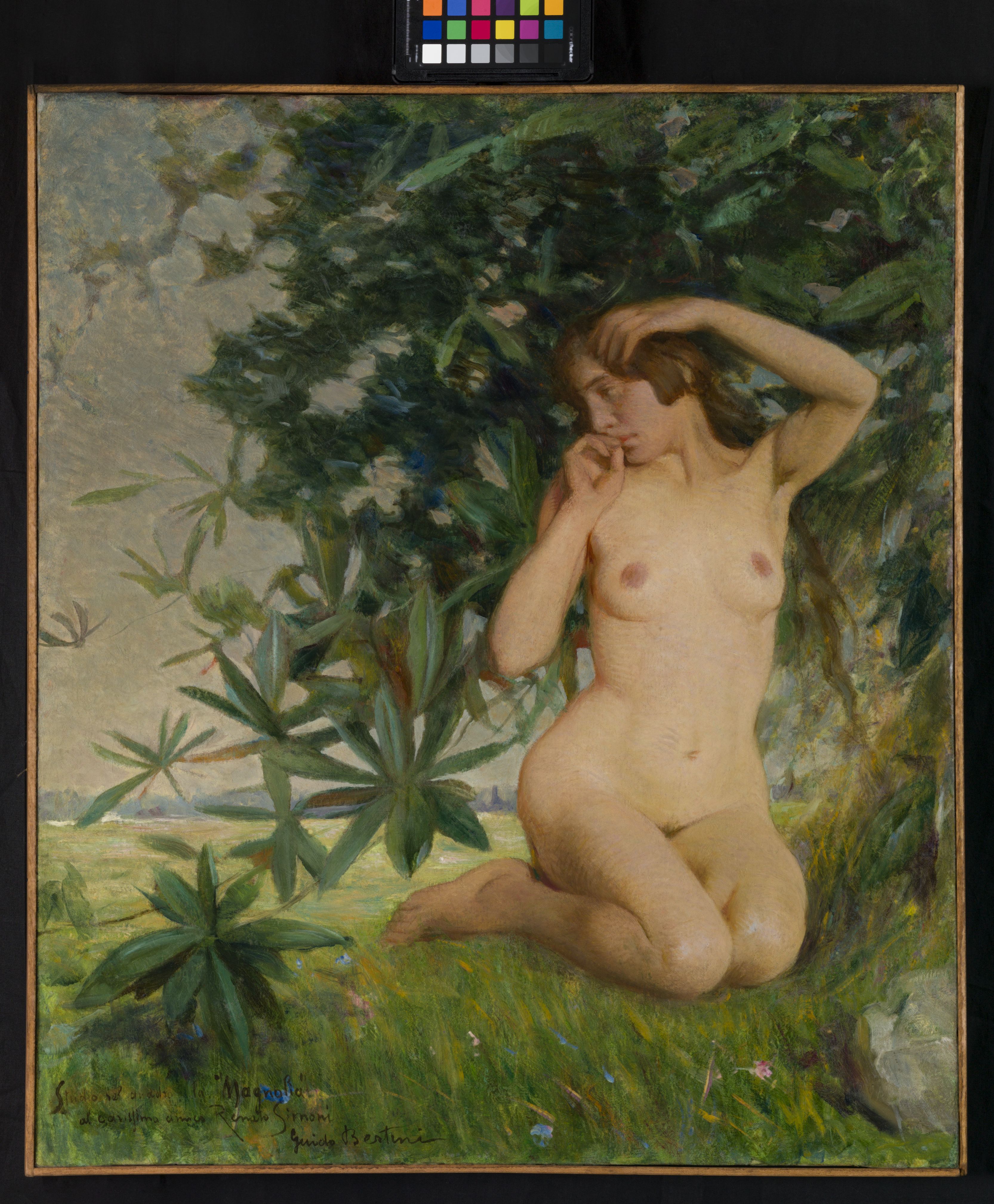 Studio per "Magnolia", figura femminile nuda accovacciata con paesaggio (dipinto, opera isolata) di Bertini Guido (sec. XX)