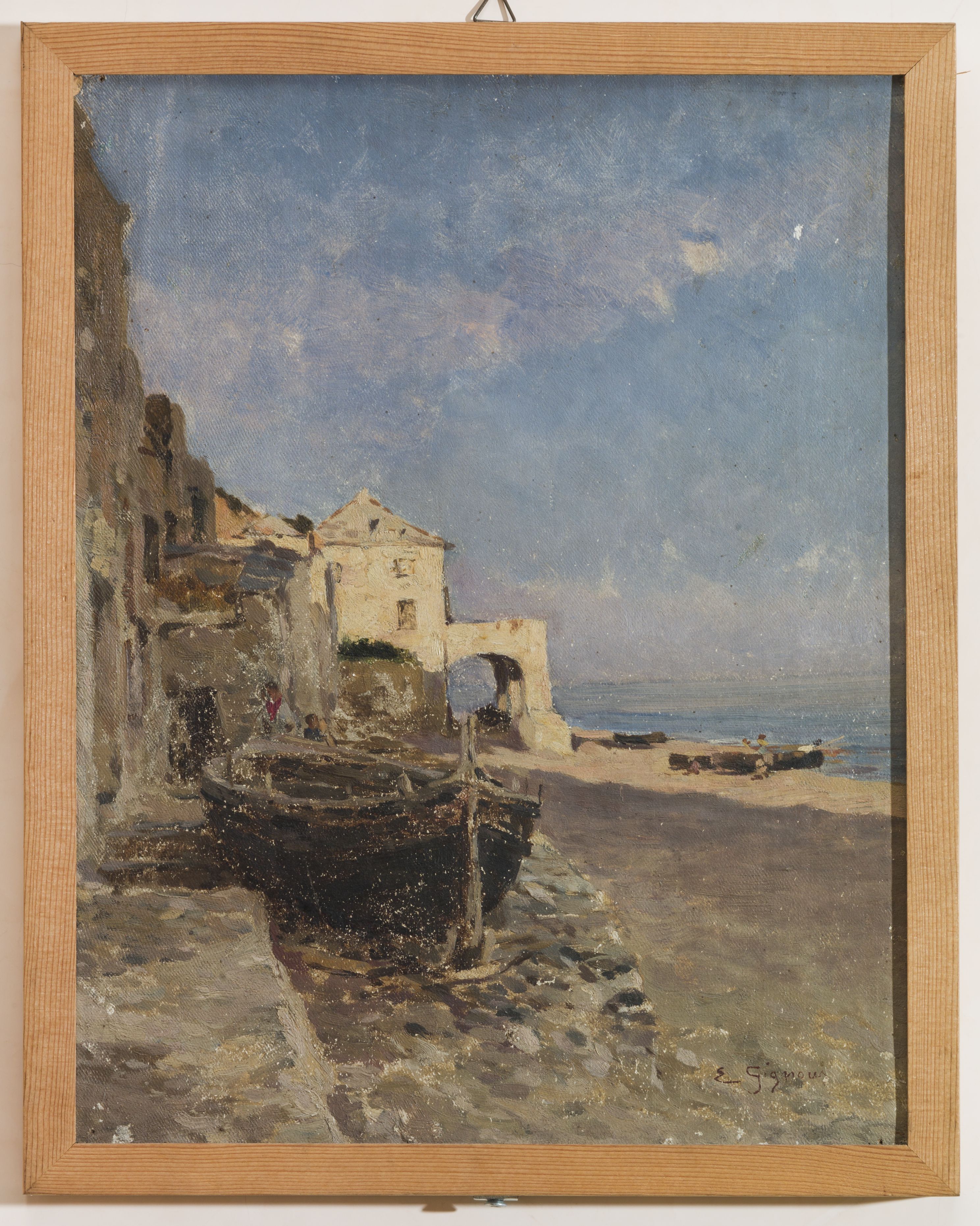 Spiaggia, marina con barche ed edifici (dipinto, opera isolata) di Gignous Eugenio - ambito lombardo (sec. XIX)